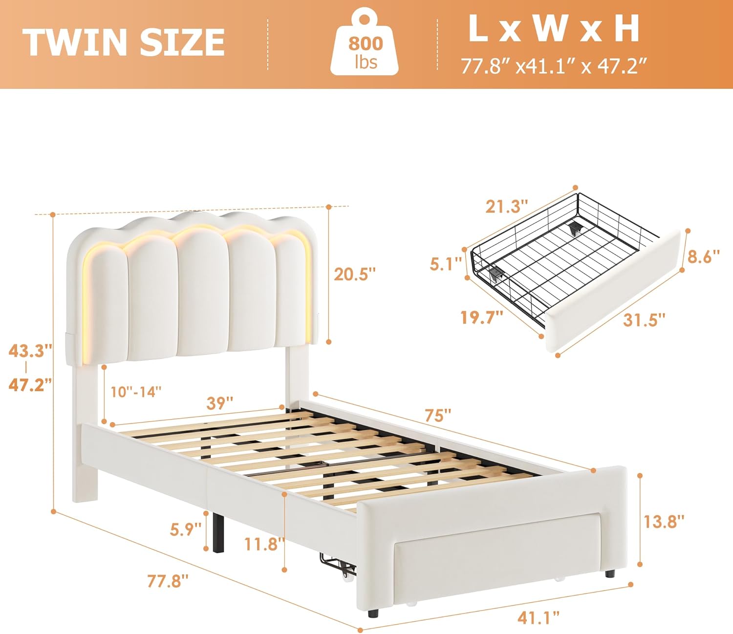 Velvet Upholstered Twin LED Bed Frame with Storage Drawer and Adjustable Chic Double Wavy Headboard, Princess Platform Bed for Kids/Girls, Solid Wood Slats Support, No Box Spring Needed, Beige