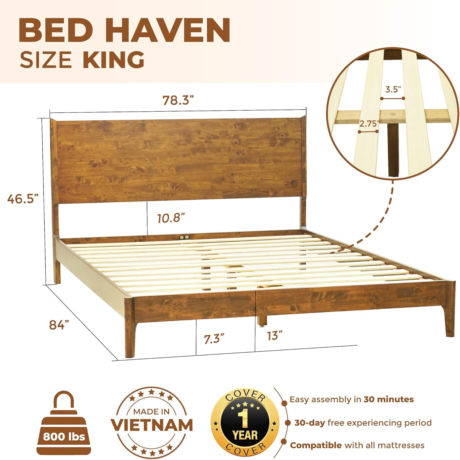 Acacia Haven King Wooden Bed Frame, 100% Solid Wood Platform Bed with Headboard, All Mattress Support & No Box Spring Needed, Effortless Assembly, 800 lbs Capacity, Caramel.