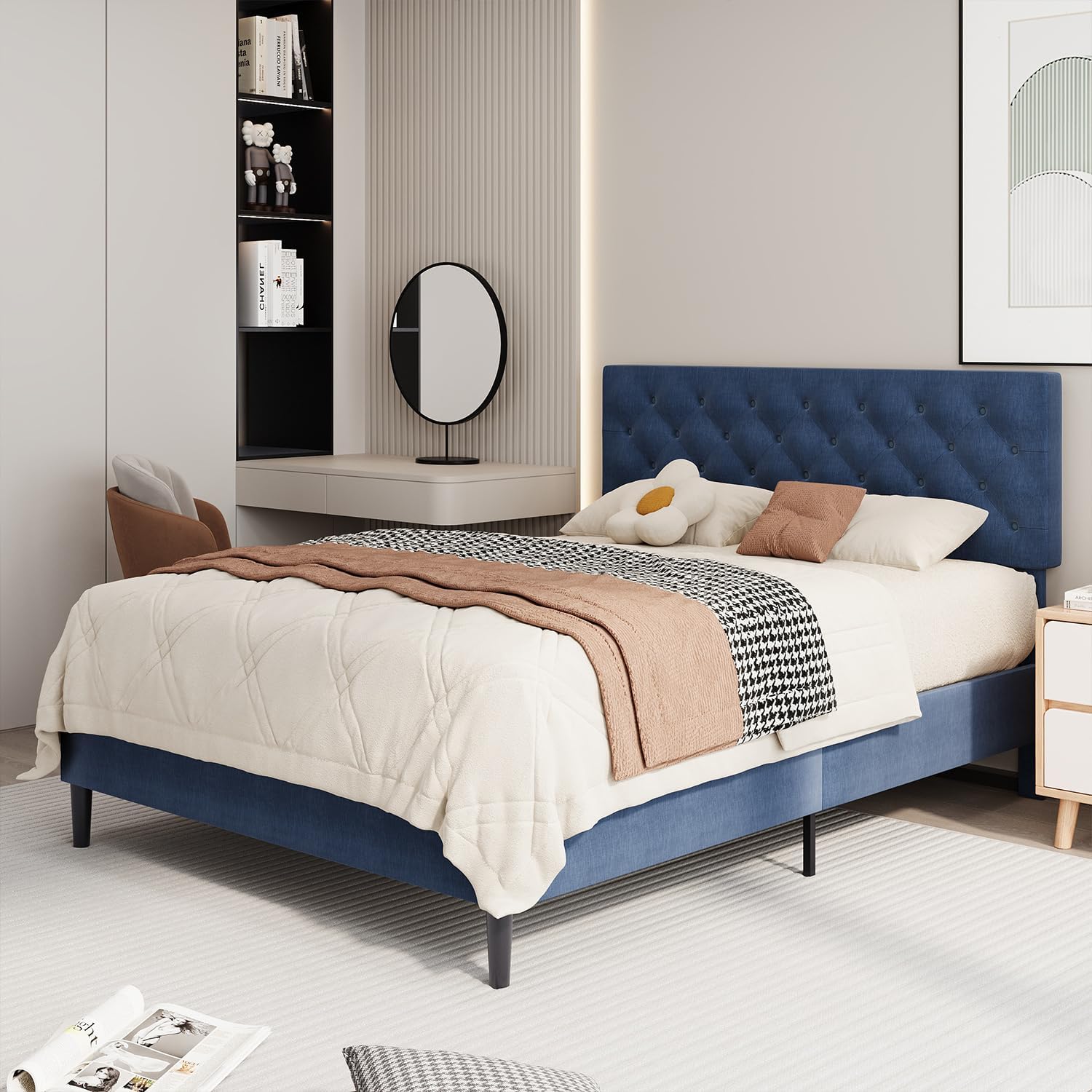 BarnFurin Full Size Bed Frame with Button Tufted Headboard, Upholstered Platform Bed with Wooden Slats Support, No Box Spring Needed, Easy Assembly, Navy Blue