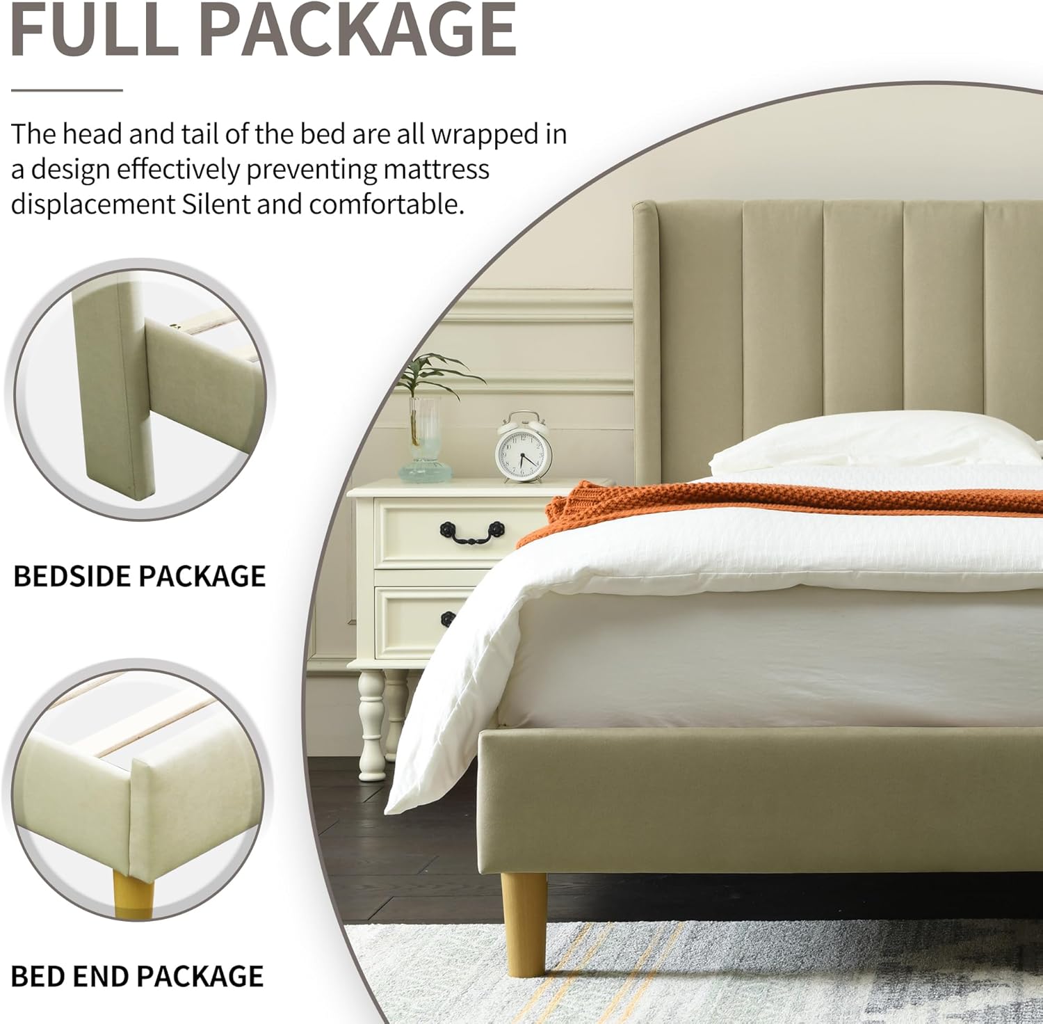 YUHUASHI upholstered Platform Bed Frame/King Bed Frame/Modern Geometric Double-Wing Design headboard/Linen Fabric/Easy to Assemble no Noise (Beige, King (U.S. Standard))