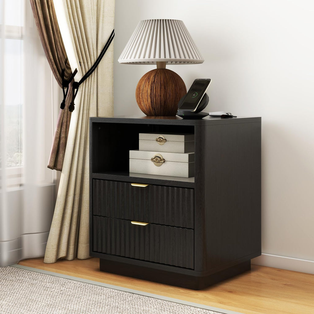 ROCSUMOO Black Nightstands Set of 2, Fluted Nightstands with 2 Drawers and Open Shelves, Large Wooden Night Stands Modern Design Night Stand for Bedroom Sofa Office (2, Black)