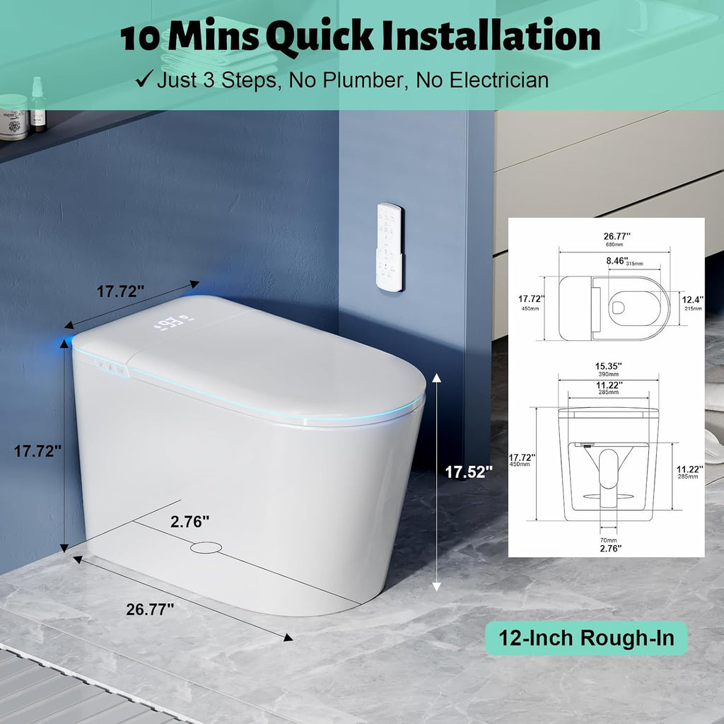 Smart Toilet with Bidet Built in, Bidet Toilet with Heated Seat and Night Light, Modern Tankless Toilet with UV for Bathroom, One Piece Toilets with Soft Close, Dryer, Foot Sensor, Auto Lid&Seat