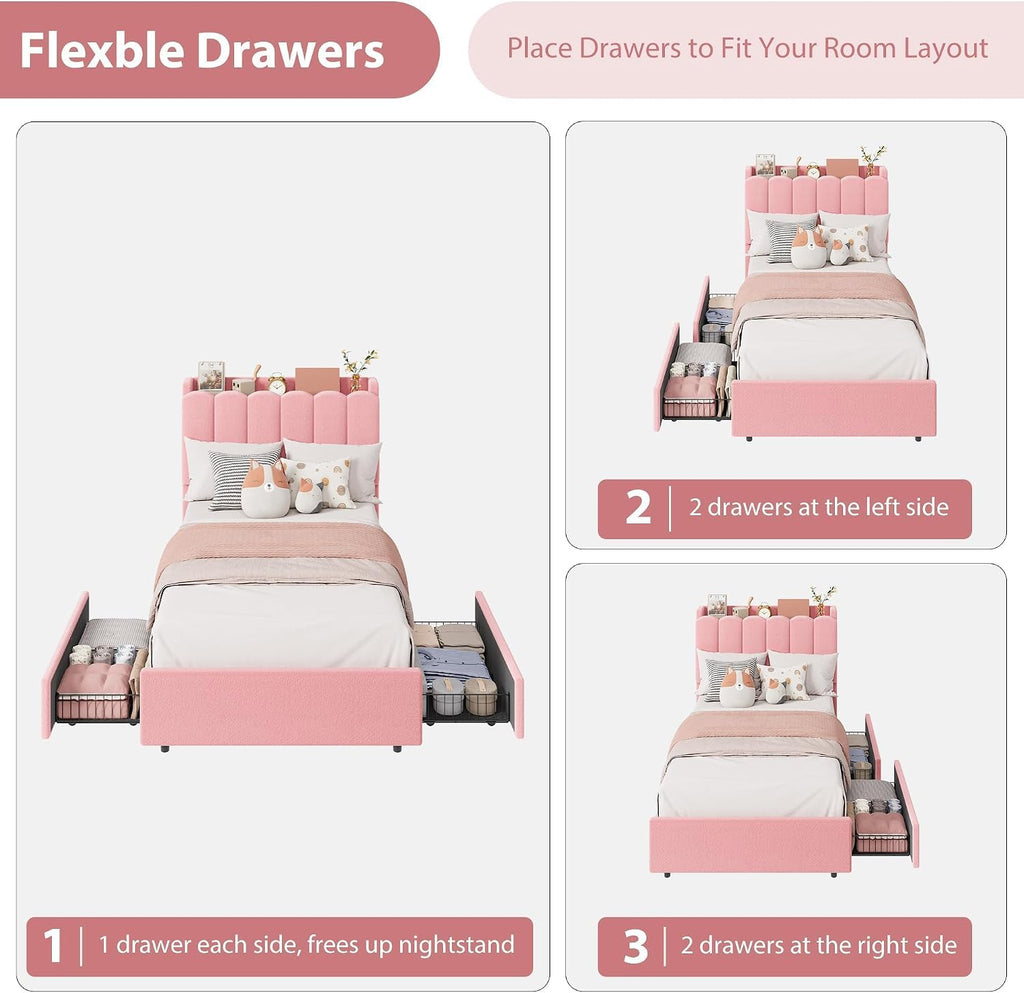 Garvee LED Twin XL Bed Frame with Storage Headboard, Kids Bed Frame with 2 Drawers, Boucle Upholstered Platform Bed for Girls, Chic Wavy Headboard with Bookcase, No Box Spring Needed, Pink
