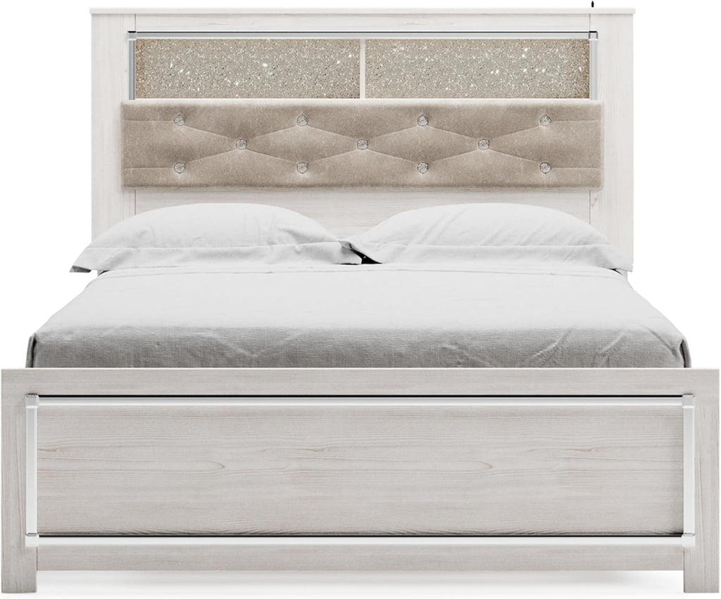Signature Design by Ashley Altyra Glam Tufted Upholstered Queen Platform Bookcase Bed with LED Lighting, Foundation or Box Spring Not Needed, White