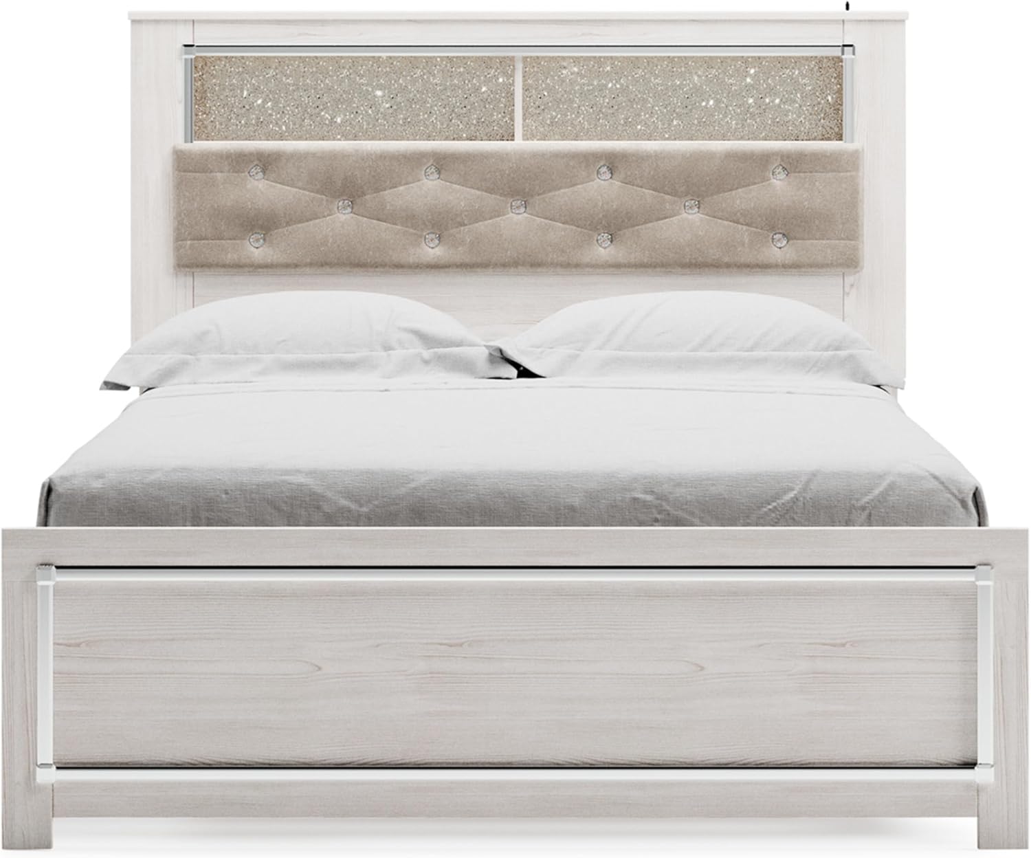 Signature Design by Ashley Altyra Glam Tufted Upholstered Queen Platform Bookcase Bed with LED Lighting, Foundation or Box Spring Not Needed, White