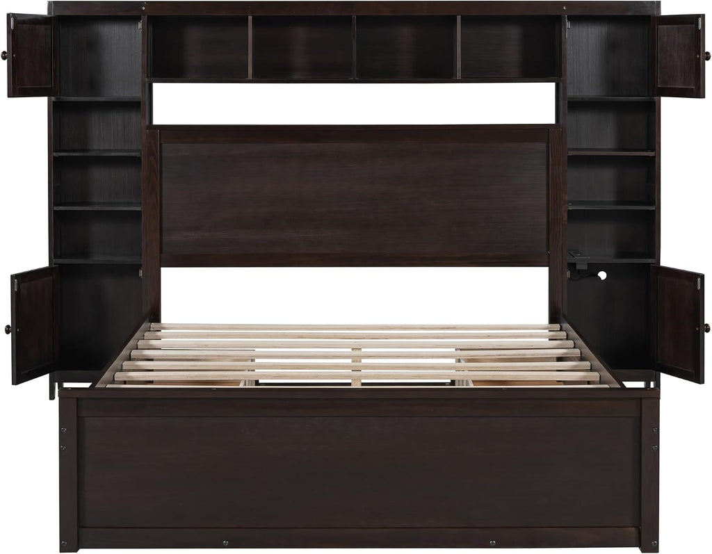 Harper & Bright Designs Queen Storage Bed with Bookcase Headboard, Queen Size Platform Bed with 4 Storage Drawers, Solid Wood Queen Bed Frame with Cabinet and Shelf, No Box Spring Needed (Espresso)