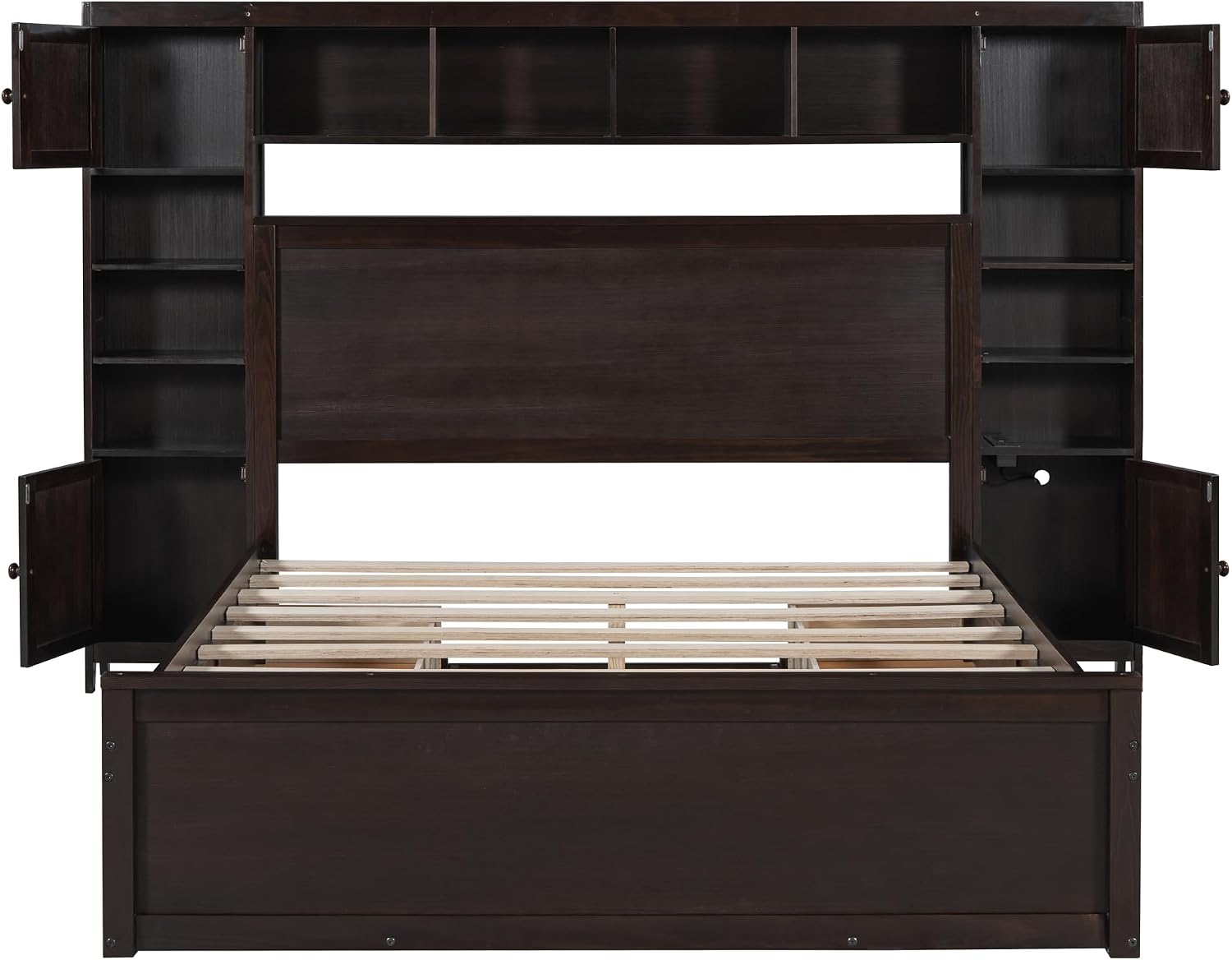 Harper & Bright Designs Queen Storage Bed with Bookcase Headboard, Queen Size Platform Bed with 4 Storage Drawers, Solid Wood Queen Bed Frame with Cabinet and Shelf, No Box Spring Needed (Espresso)