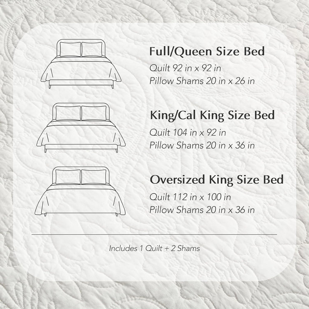 EVERGRACE 100% Cotton Paisley Quilt Set, Oversized King 3 Piece Set – Prewashed Lightweight Bedspread with 2 Shams, Soft & Breathable Matelasse-Style Quilted Coverlet, Bright White