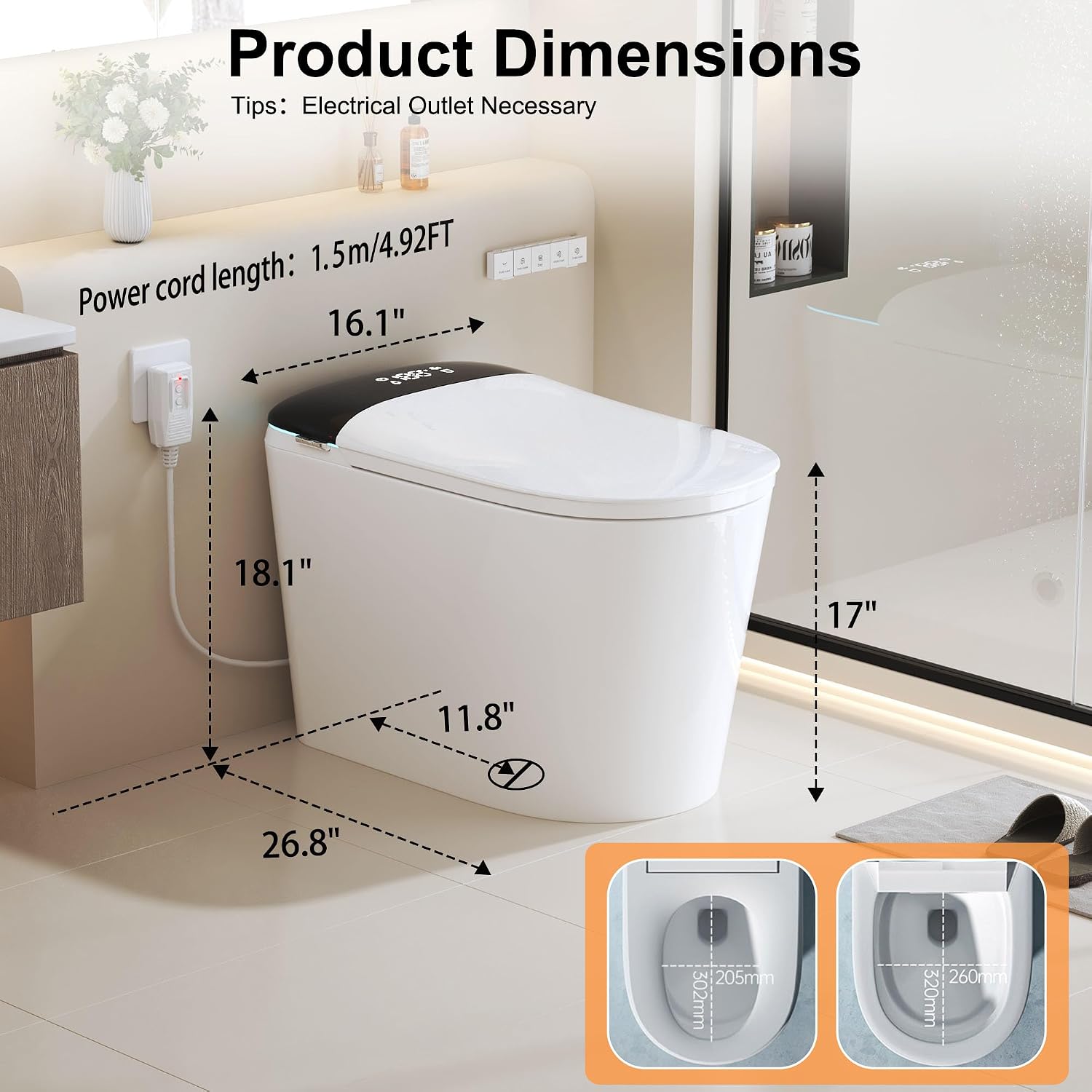 Luxury Smart Bidet Toilet with Tank, Foam Shield, Dual Auto Flush/Lid&Seat, Foot Sensor, LED Display, Electric Modern One Piece Toilets for Bathroom with Siphon Dual Flush 0.8/1.2 GPF
