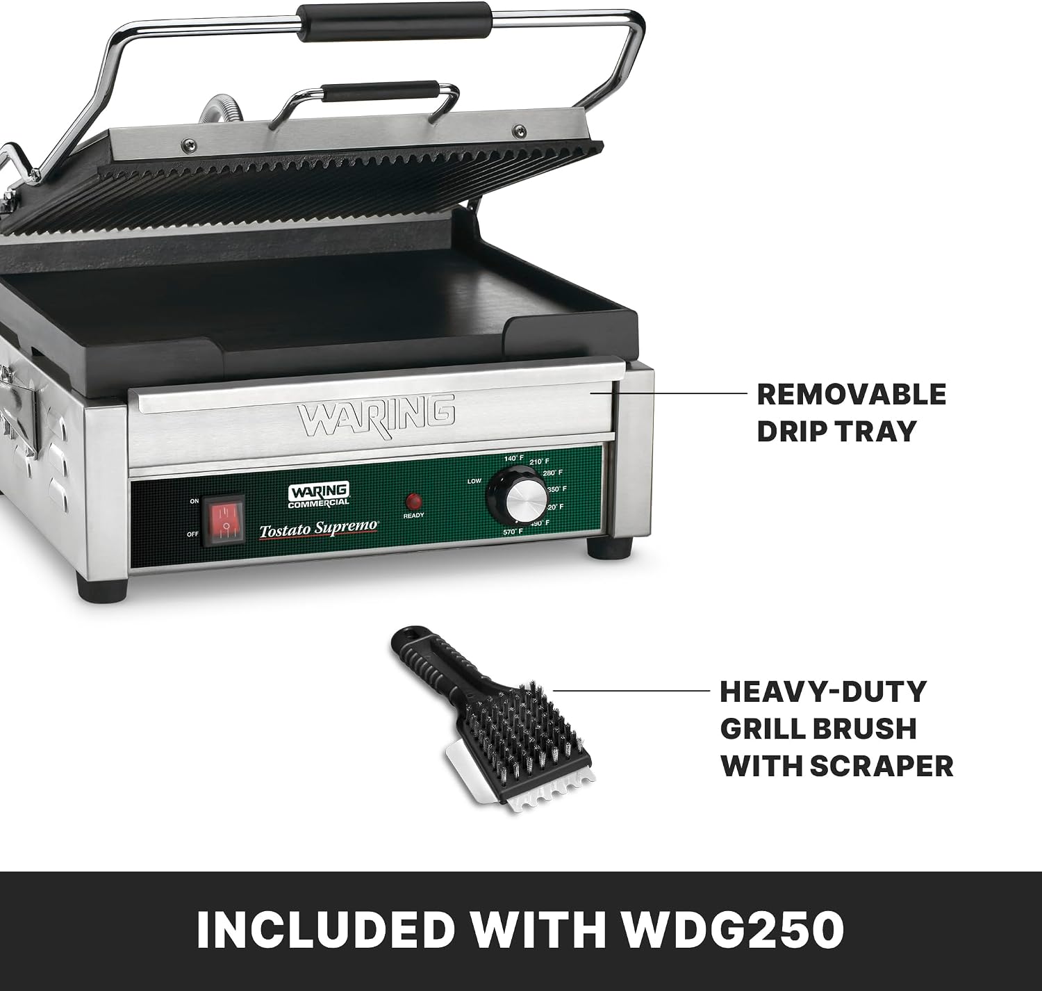 Waring Commercial Panini Press, Ribbed & Flat Cast Iron Plates, 14.5' x 11' Cooking Surface, 570°F Adjustable Thermostat, for Sandwiches up to 3' Thick, Professional Kitchen Grill, 120V, WDG250