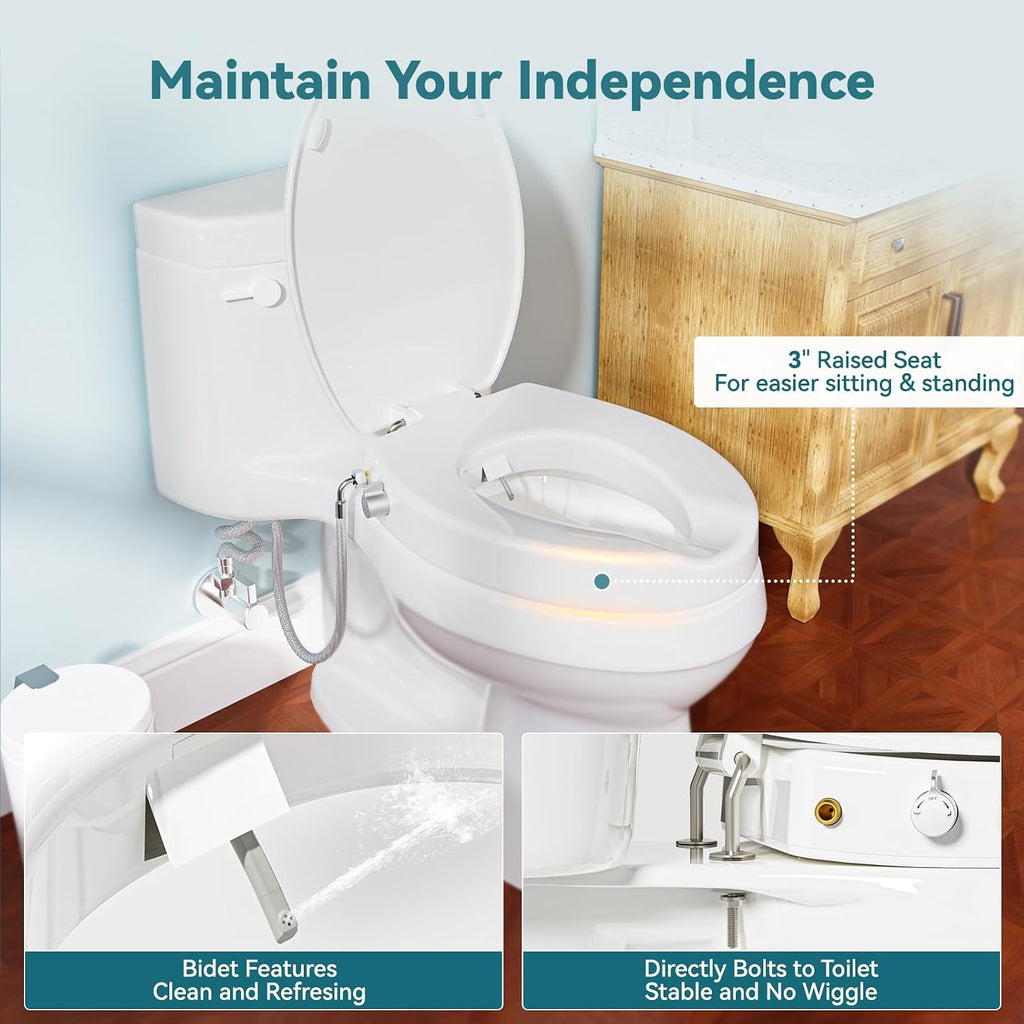 Clirass 3' Raised Toilet Seat with Bidet - Non-Electric Bidet with Dual Nozzles - Elevated Toilet Risers for Seniors & Limited Mobility - Easy Install & Clean (Elongated)