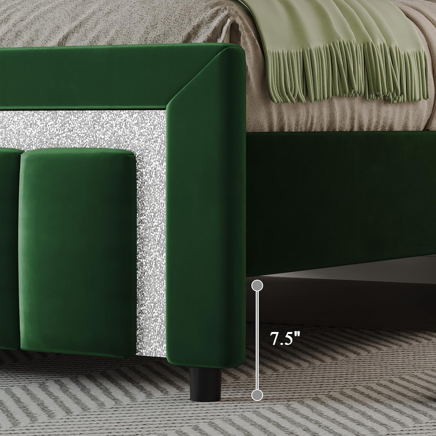HOMBCK Full Bed Frame with Diamond Headboard and Footboard, Velvet Upholstered Bed with Wooden Slats Support, No Box Spring Needed, Easy Assembly, Green