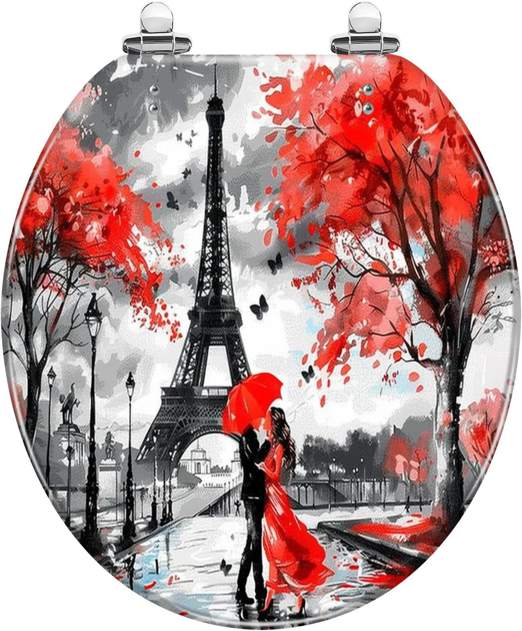 Round Toilet Seat Oil Paris european city landscape France tower Black white red Modern Resin Toilet Seat Quietly Close Quick Release Hinges Decorative Toilet Seat with Cover Easy to Install