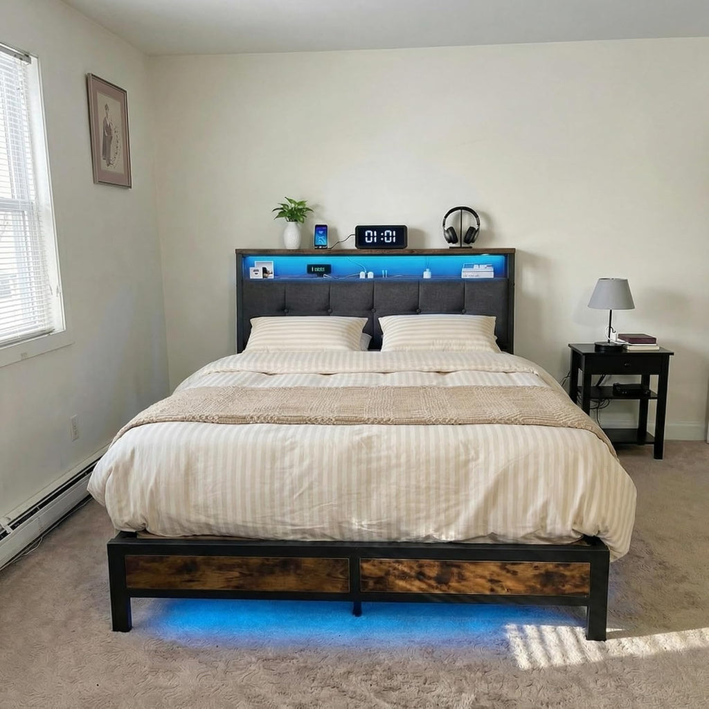 Queen Bed Frame with Charging Station,Bed Frame Queen Size with LED Linghts Have Upholstered Storage Headboard and 12' Under-Bed Storage, Providing Noise-Free and No-Sliding Support,Vintage Brown