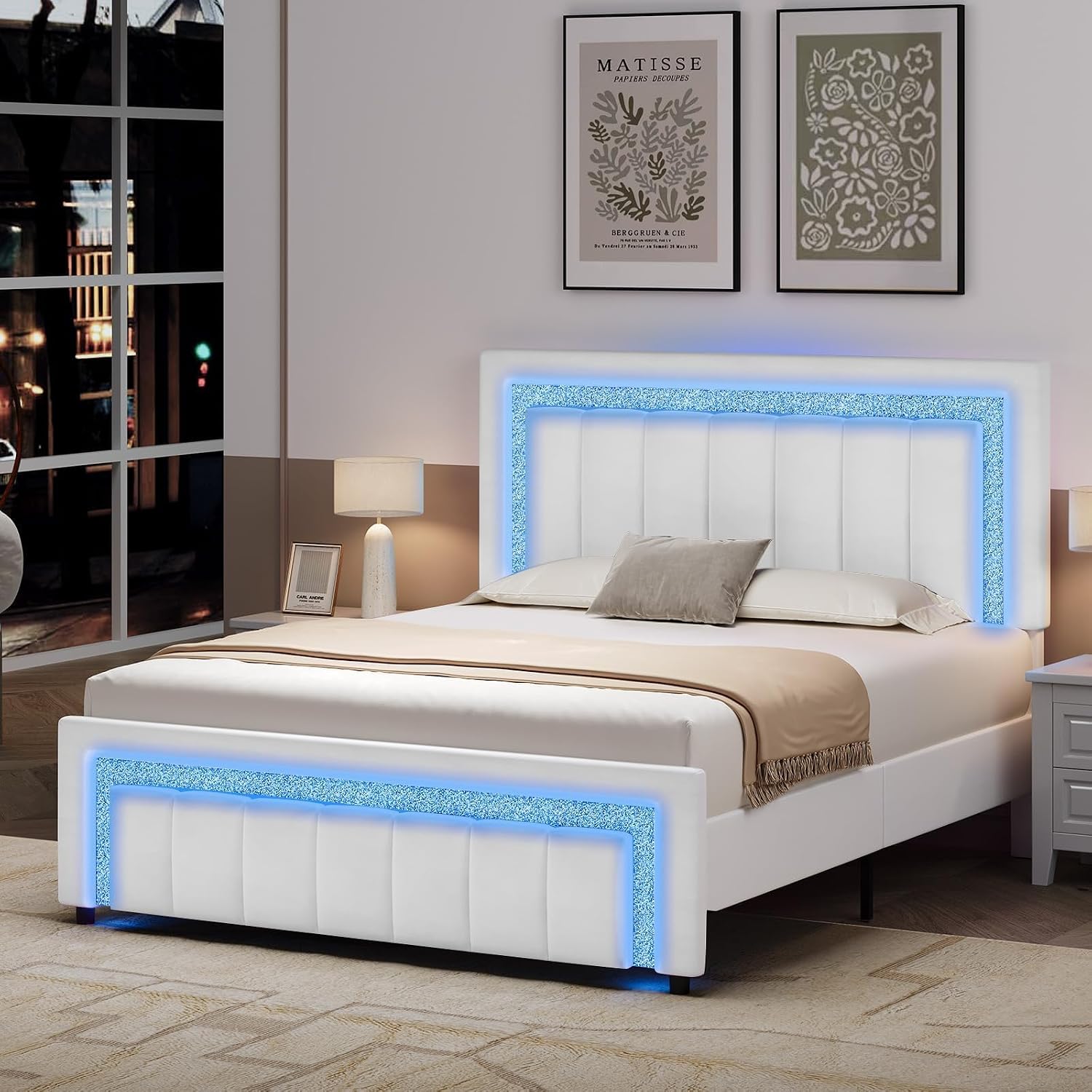 HOMBCK Full Bed Frame with LED Lights and Velvet Upholstered Adjustable Headboard, Bed Frame Full Size with Diamond Headboard & Footboard, Wood Slats Support, Noise Free, No Box Spring Needed, White