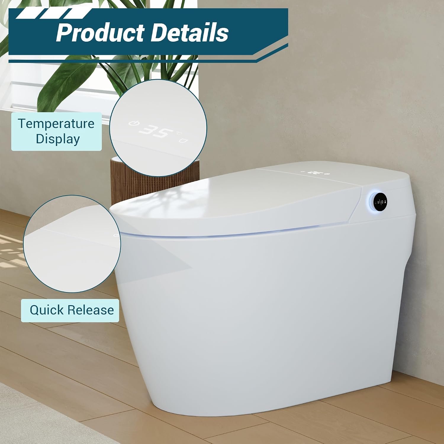 Garvee Smart Toilet with Bidet, One-Piece Design, Heated Seat & Auto Open/Close Lid, Foot Sensing & Automatic Flush, Warm Water Wash & Dryer, LED Display & Night Light, Built-in Tank (White/Black)