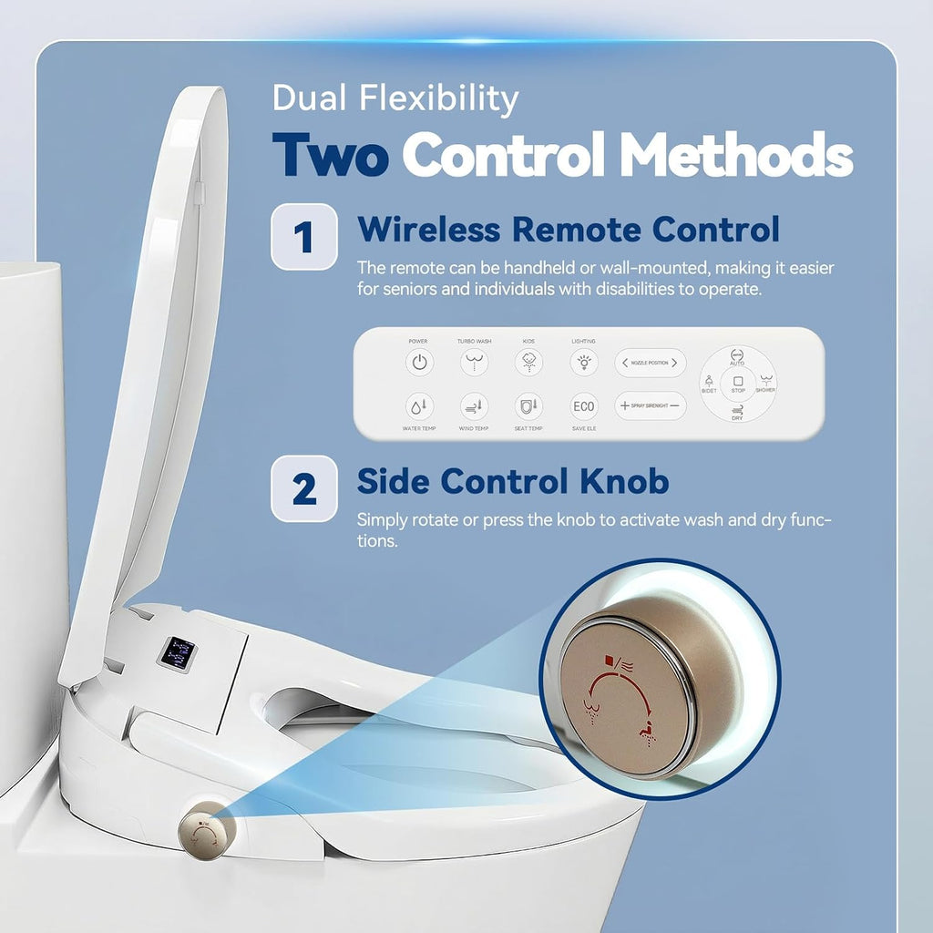 Smart Heated Toilet Seat for Elongated V-Shaped Toilets – Bidet Warm Water Wash, Self-Cleaning Nozzle, Warm Air Dryer, Deodorizer, Soft-Close Lid, LED Night Light & Remote Control, Easy Install