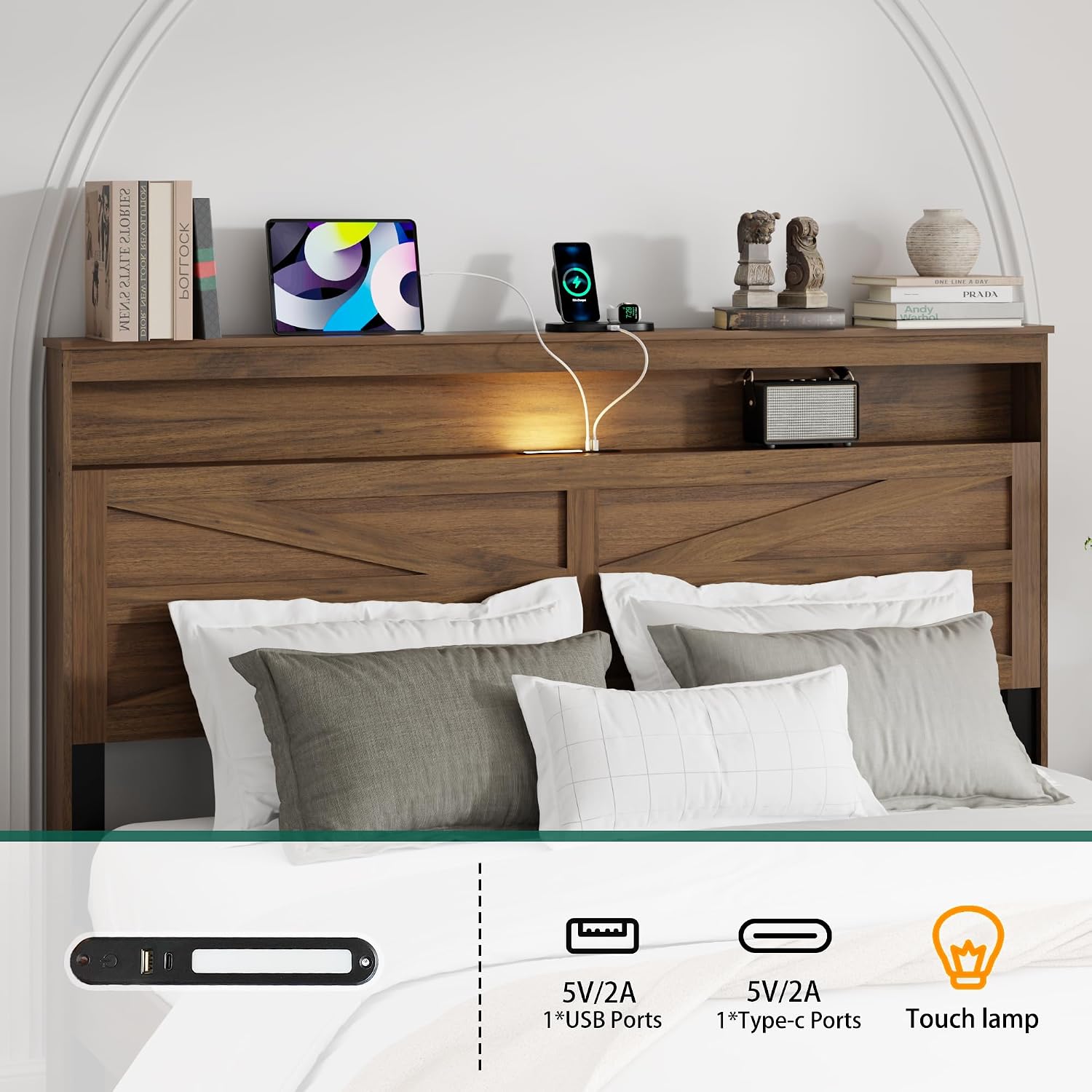 Queen Size Bed Frame with Headboard, Rustic Farmhouse Wood Bed Frame with LED Lights and Charging Station, Easy Assembly, No Box Spring Needed (Dark Brown, Queen)