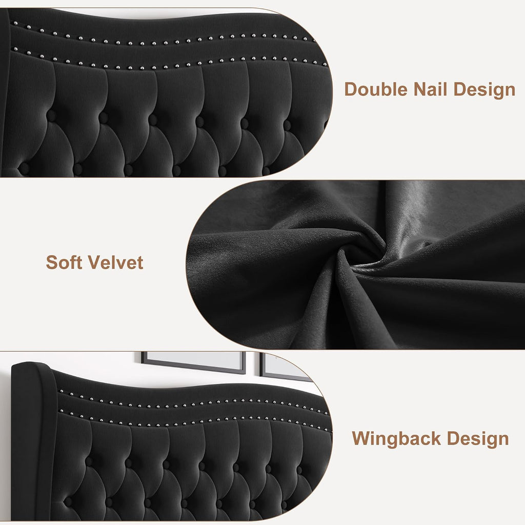Upholstered Full Size Bed Frame with Tall Headboard, Velvet Wingback Platform Bed Frame with Deep Button Tufted, No Box Spring Needed, Noise Free, Black