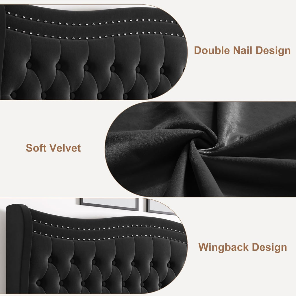 Upholstered Queen Size Bed Frame with Tall Headboard, Velvet Wingback Platform Bed Frame with Deep Button Tufted, No Box Spring Needed, Noise Free, Black