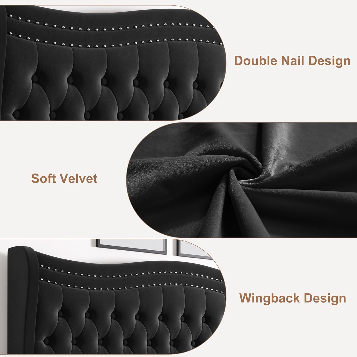 Upholstered Queen Size Bed Frame with Tall Headboard, Velvet Wingback Platform Bed Frame with Deep Button Tufted, No Box Spring Needed, Noise Free, Black