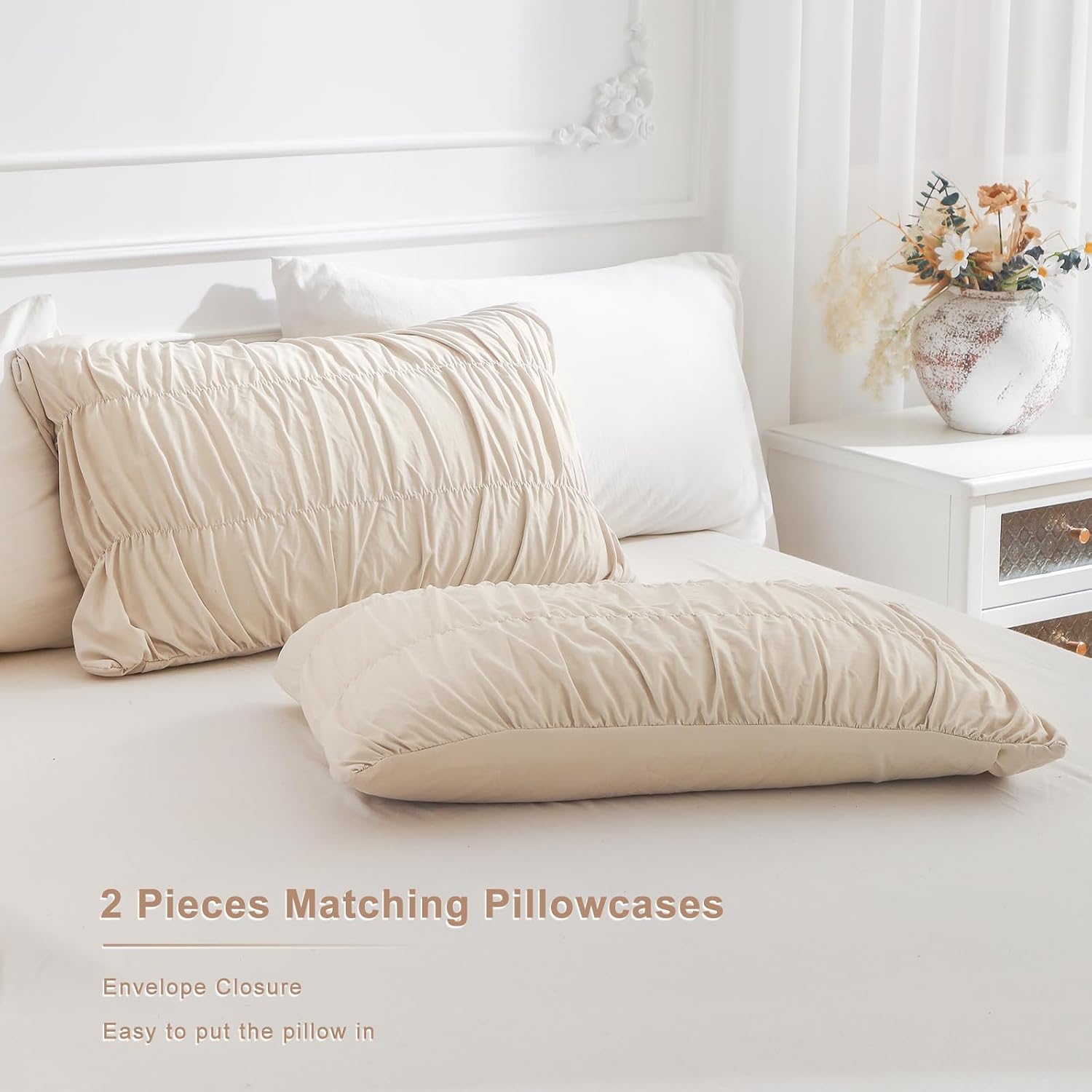 Masaca Oversized King Comforter 128'x120',Ruched Wheat Extra Large King Comforter Set,3 Pieces Lightweight Fluffy Ruffle Comforter Set Shabby Boho Chic Bedding Ultra Soft