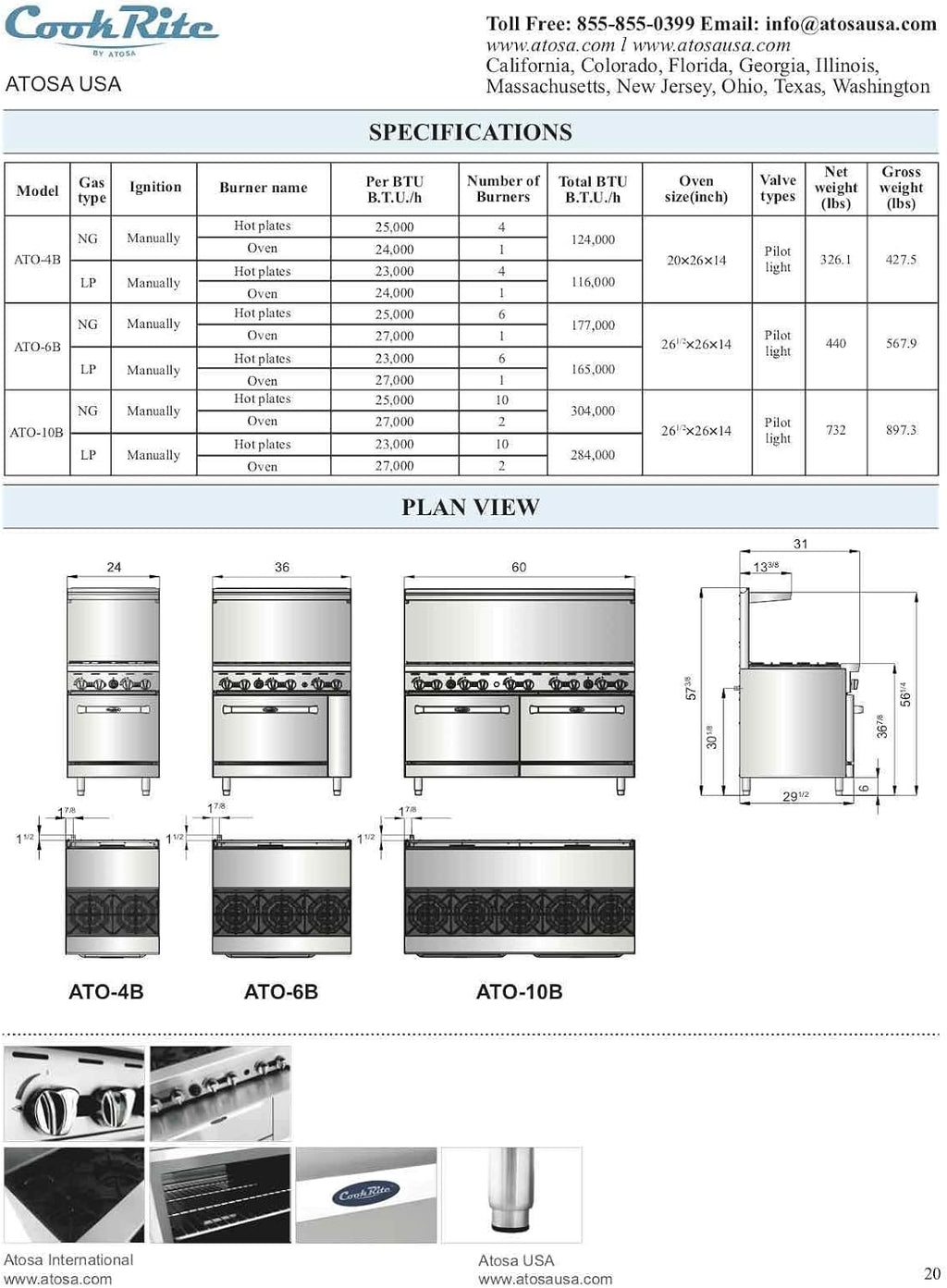 Atosa AGR Commercial Gas Range, 36' Gas Range, (6) Burners Top, (1) Standard Oven, Natural Gas (AGR-6B-NG)