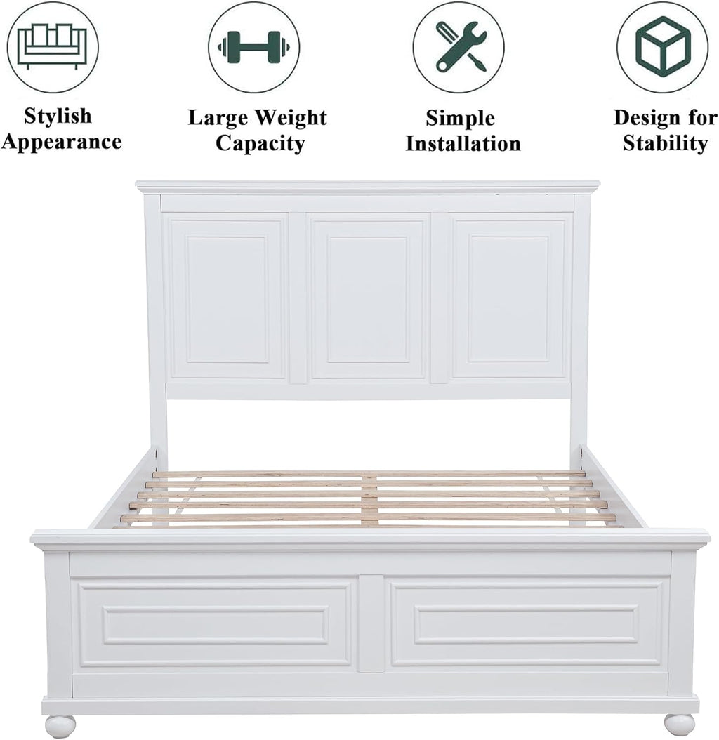 Mirightone Farmhouse Queen Bed Frame with Tall Headboard and Footboard, White Wood Bed Frames Queen with Under Bed Storage, Noise-Free, No Box Spring Needed, White