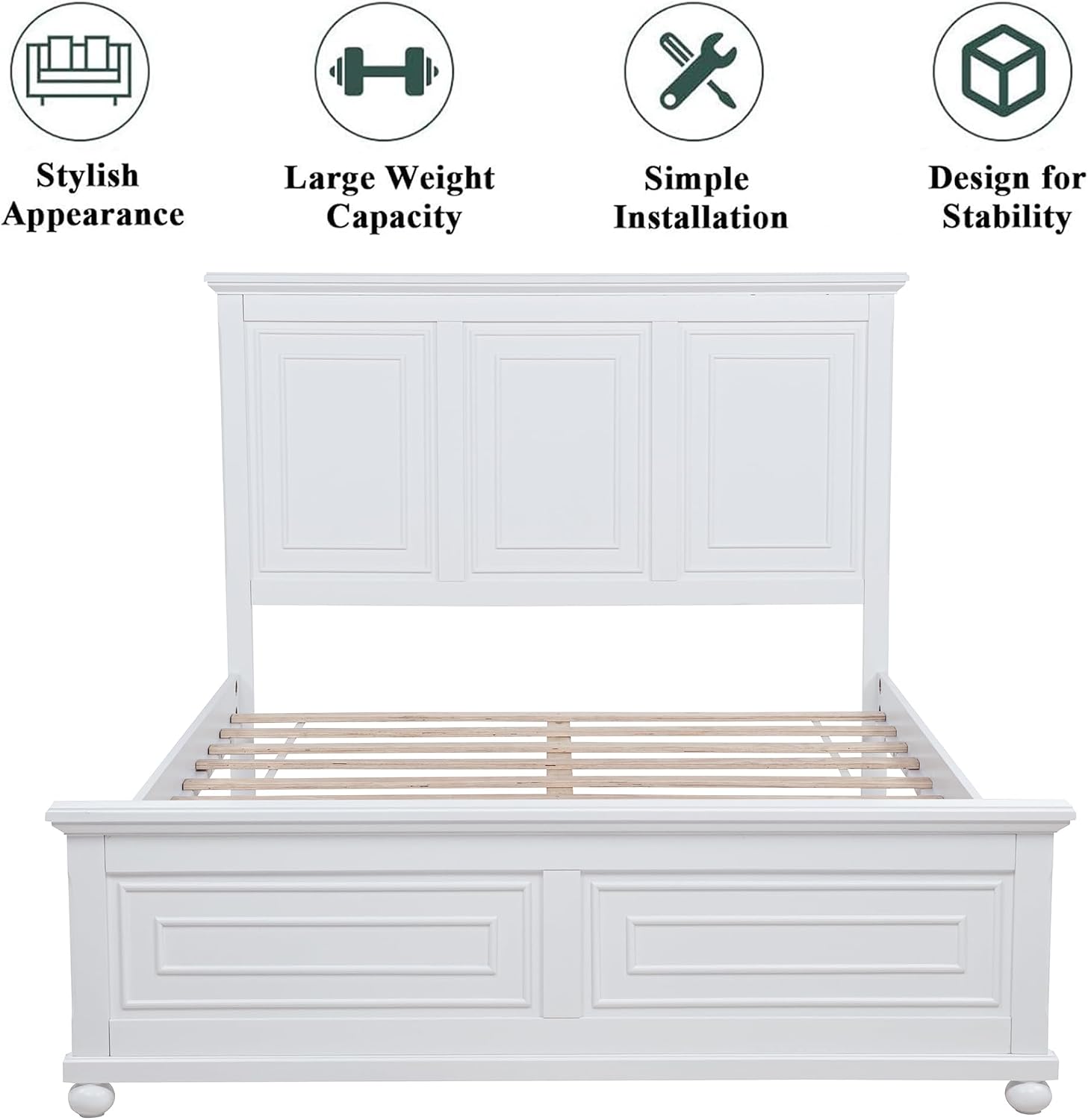 Mirightone Farmhouse Queen Bed Frame with Tall Headboard and Footboard, White Wood Bed Frames Queen with Under Bed Storage, Noise-Free, No Box Spring Needed, White