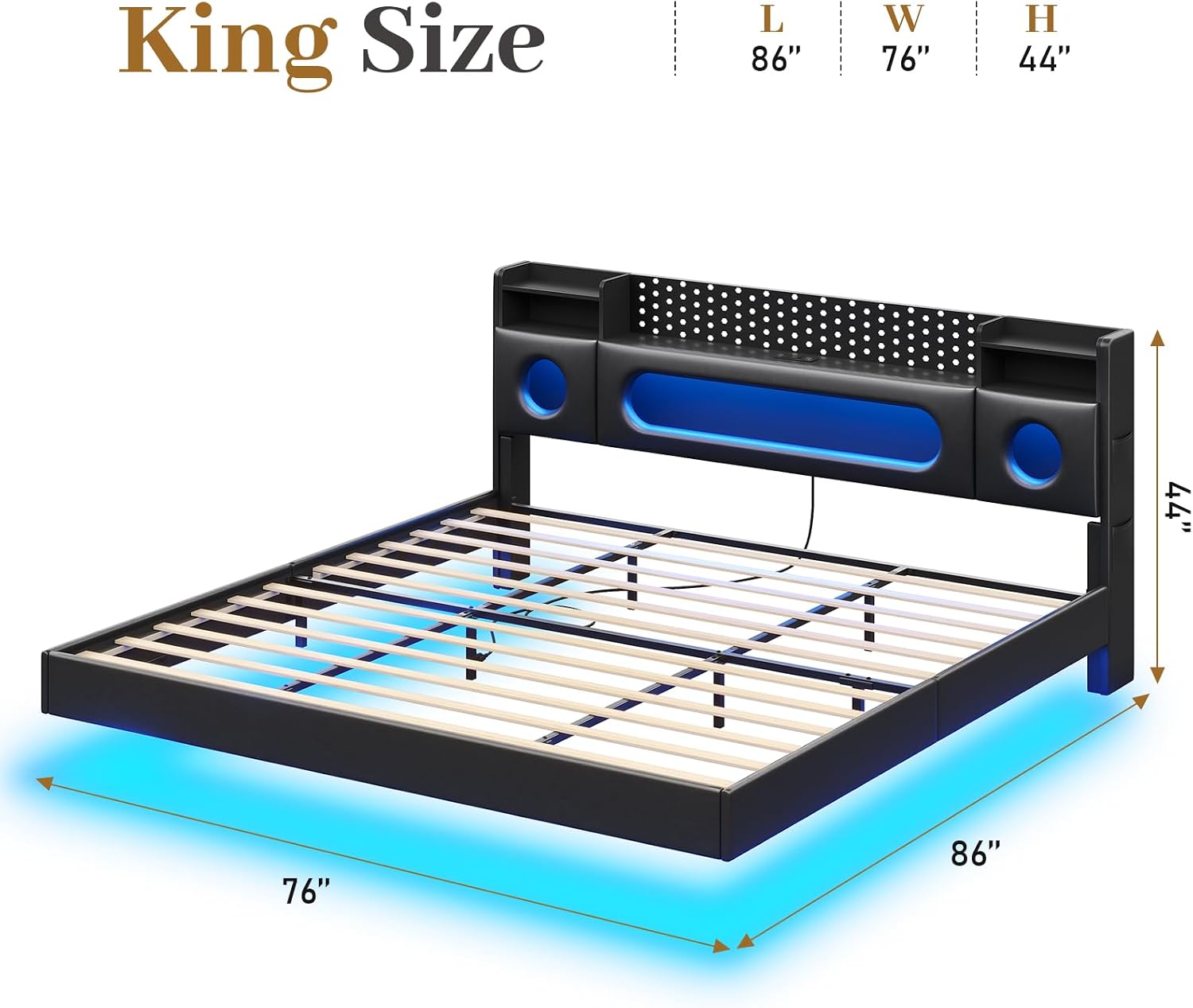 Floating Bed Frame,King Size Bed Frame with Storage Headboard & LED Light,Floating bed Frame King with Charging Station,King Bed with Bookcase Headboard,No Box Spring Needed,Noise-Free PU Black