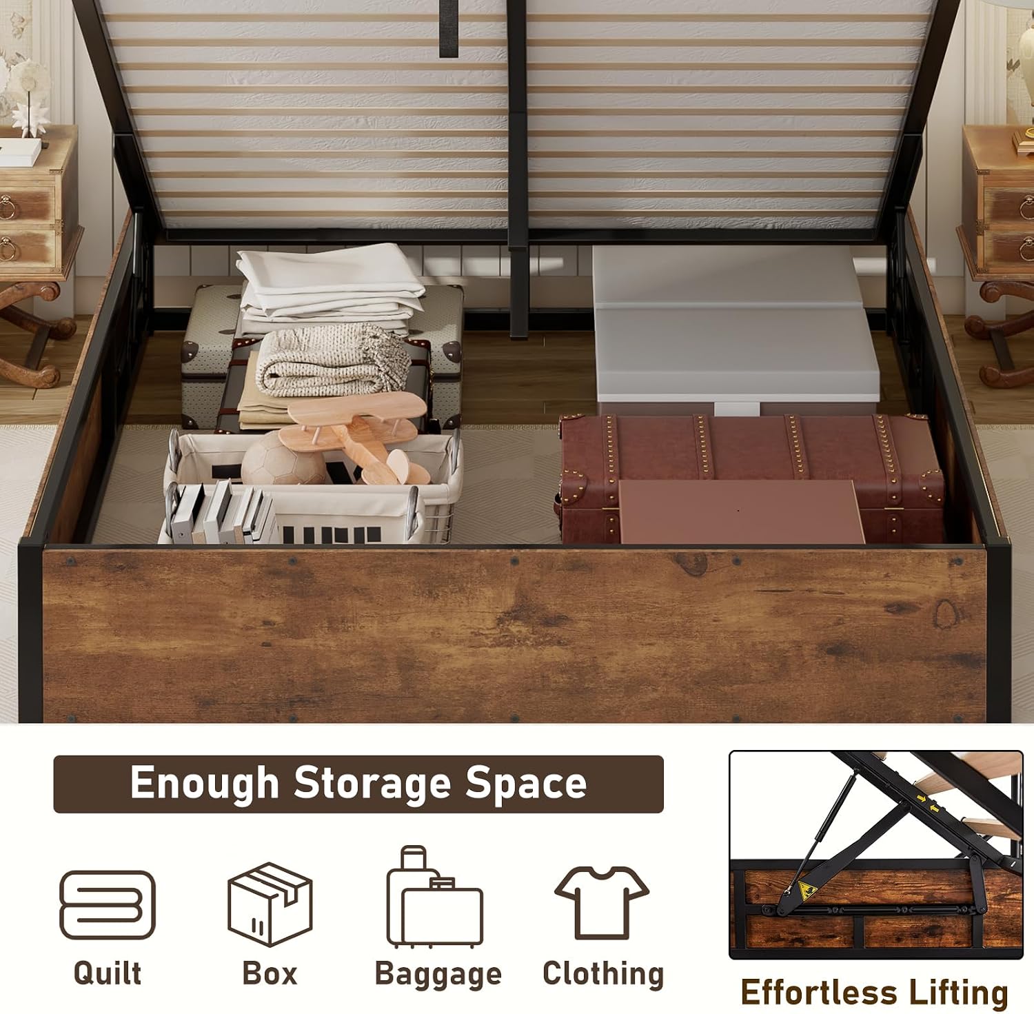 LUXOAK 3 Pieces Bedroom Sets, Includes King Size Lift Up Storage Platform Bed Frame, 2 Drawers Farmhouse Nightstand Set of 2 with Charging Station, No Box Spring Needed, Rustic Brown