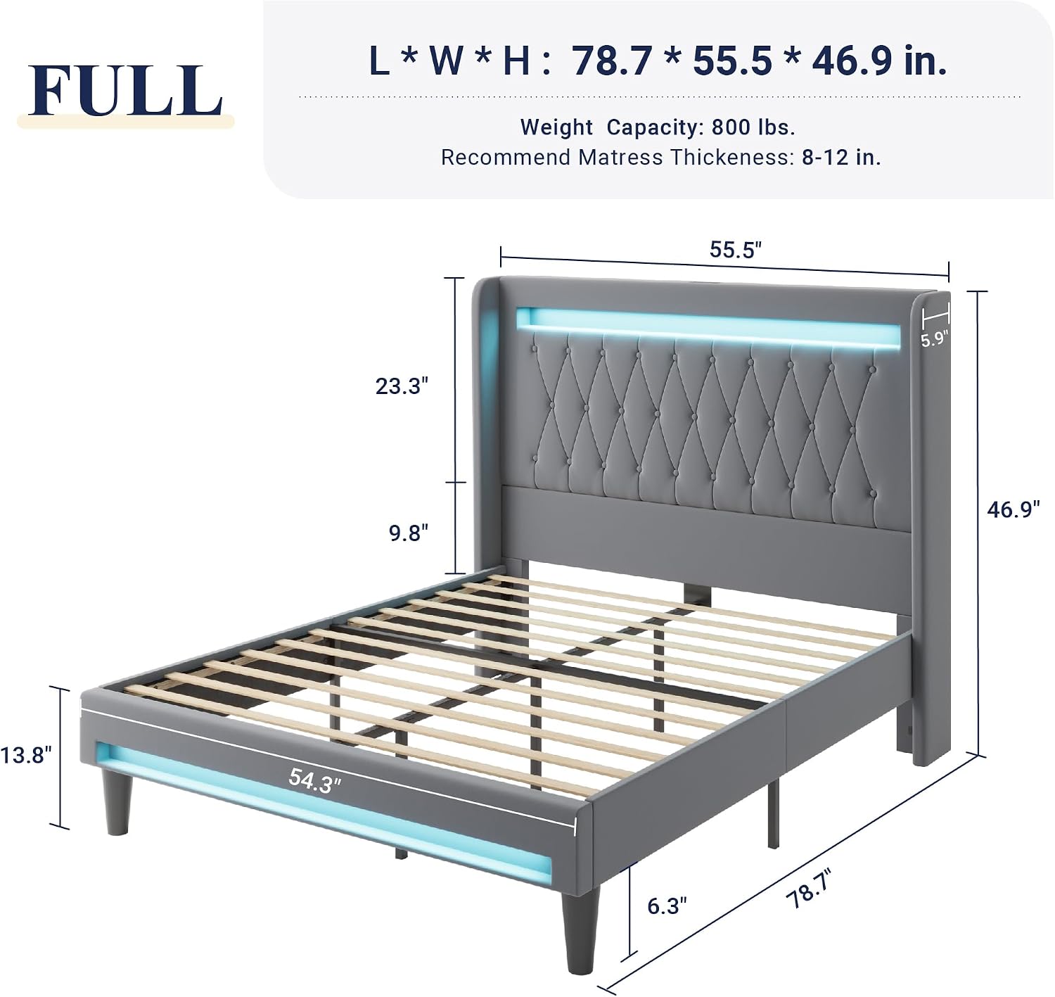 Allewie Upholstered Full Size Platform Bed Frame with LED Light and Charging Station, Button Tufted High Headboard, Wingback Design, Noise Free, Easy Assembly, No Box Spring Needed, Grey