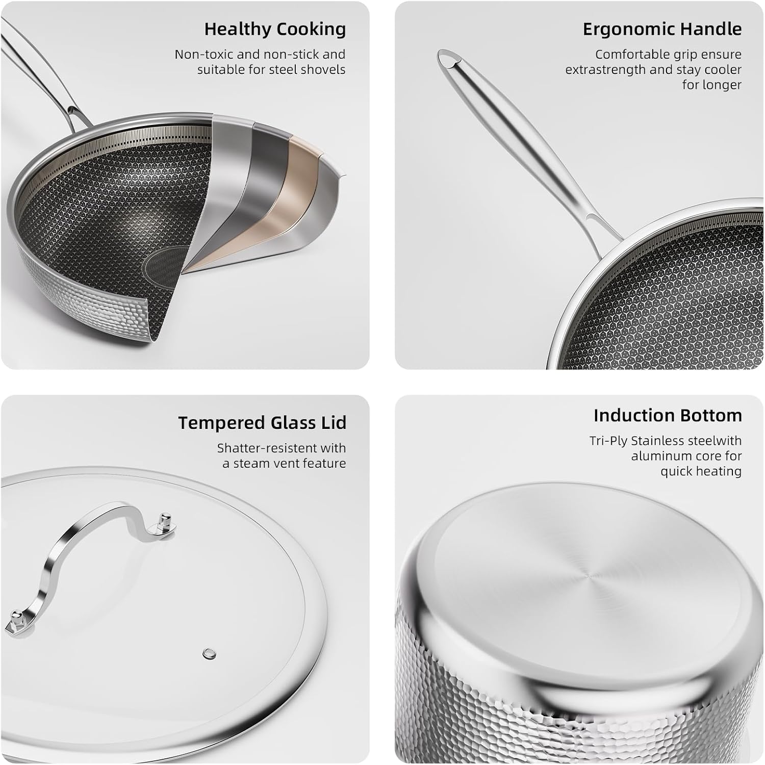 Stainless Steel Nonstick Pots and Pans Set (7 Pcs), PFOA Free, Induction Compatible, Fast & Even Heat, Dishwasher & Oven Safe (500F), 8/10/12' Fry Pans, Saucepan, Stock Pot for Home Cooking