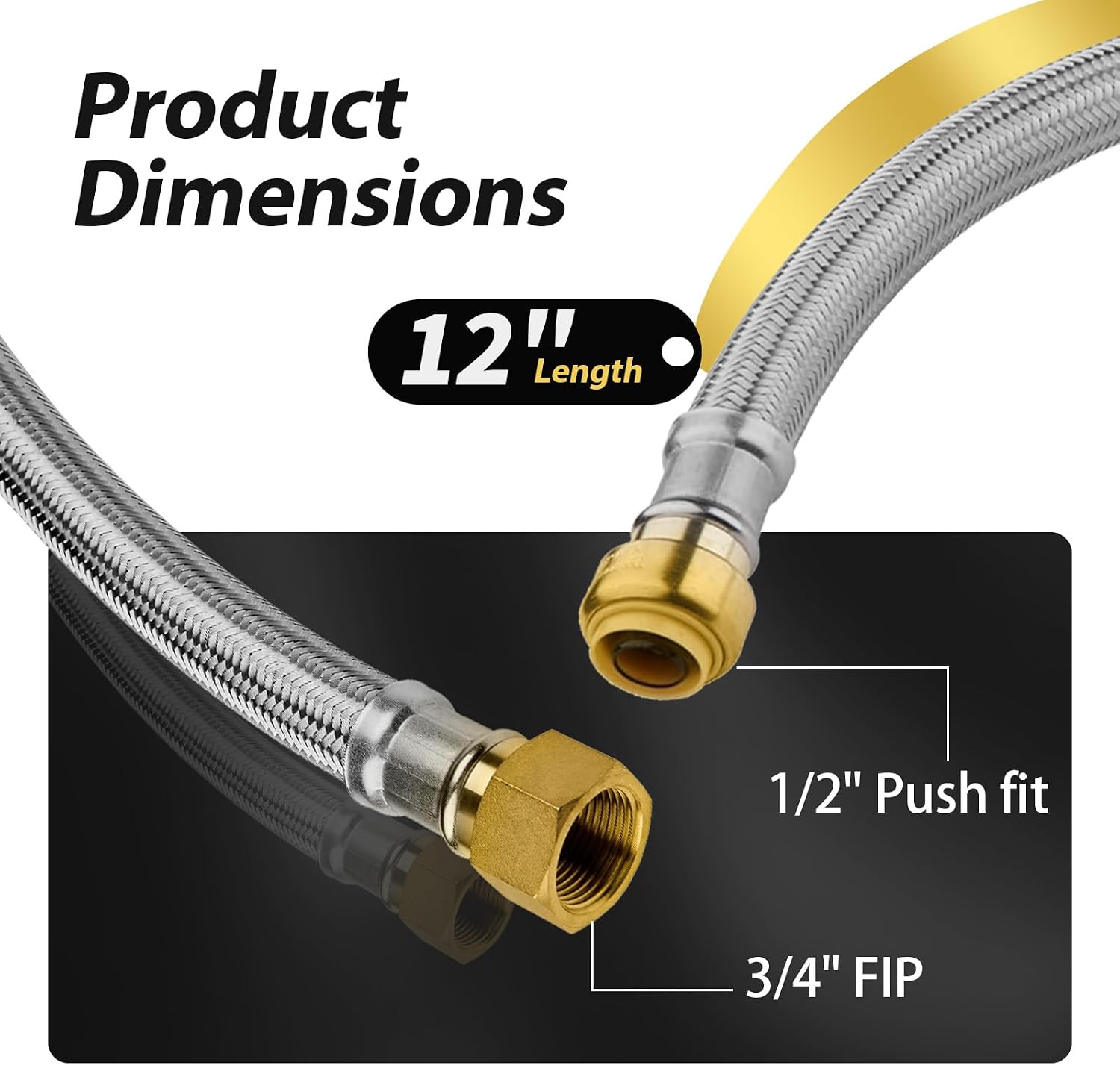 20 Pack Foskan 12-Inch Flexible Water Heater Connector Hose,with 1/2' Push-Fit x 3/4' FIP,Compatible with Copper, PEX, CPVC, and PE-RT Pipes for Water and Heating Use（12' Length）