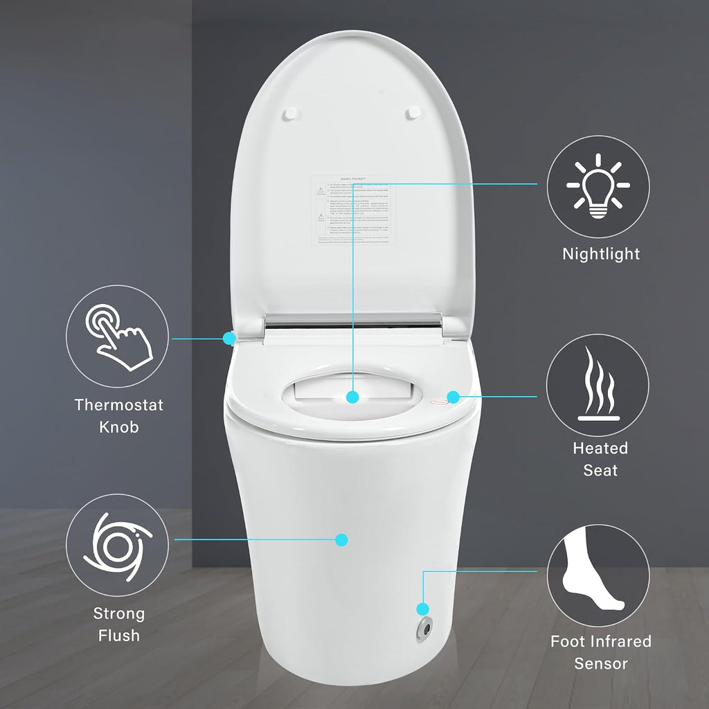 Smart Toilet with Adjustable Heated Seat, One-Piece Elongated Ceramic Toilet, Dual Flush 1/1.28 GPF, Auto Flush, Foot Sensor, Knob Control, Soft Night Light, White