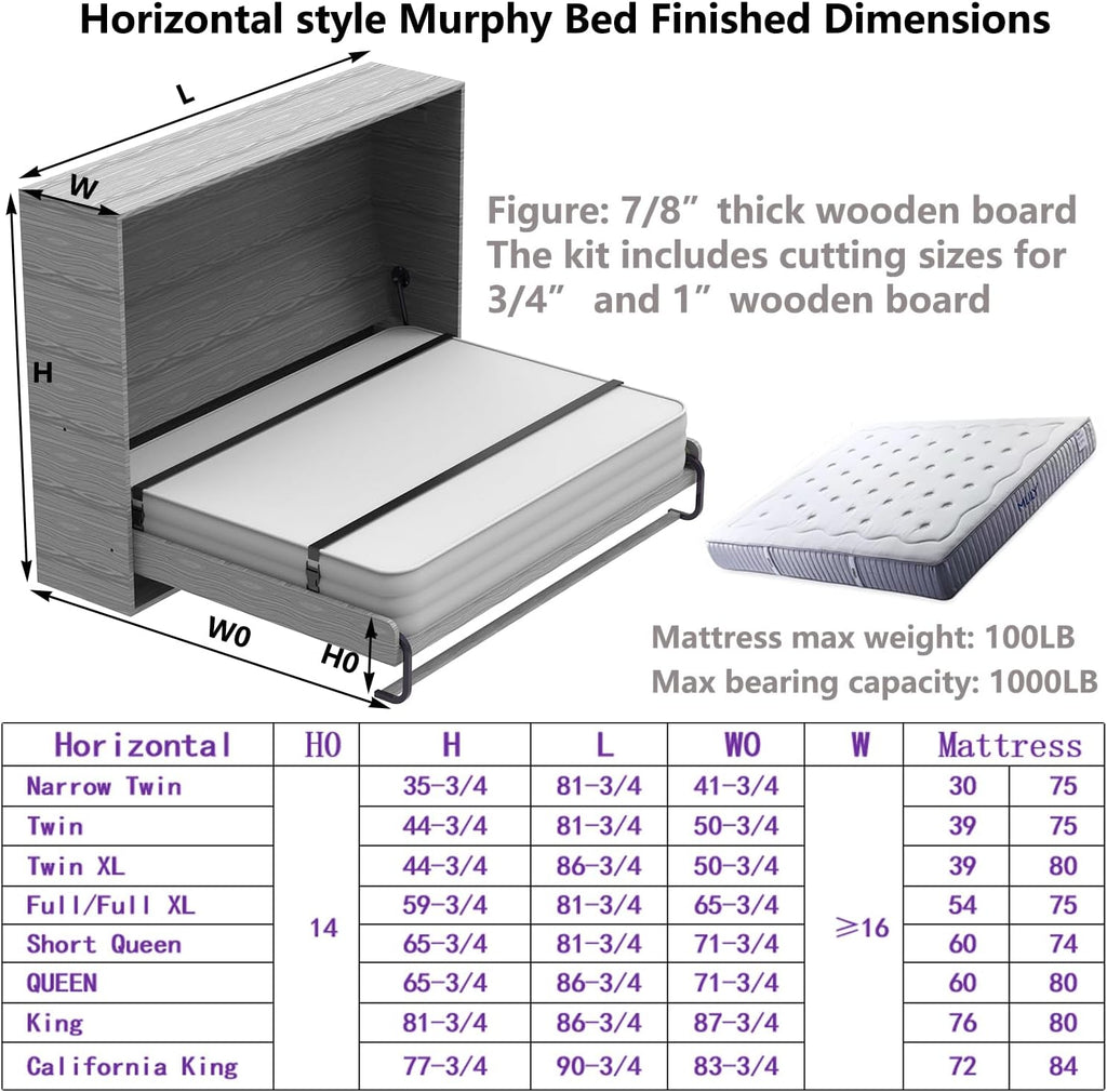 Create A Luxurious Bed Murphy Bed Hardware Kit, Hover in Mid Air Hydraulic Rod Gas Spring System (Horizontal, Twin/Twin XL/Narrow Twin)