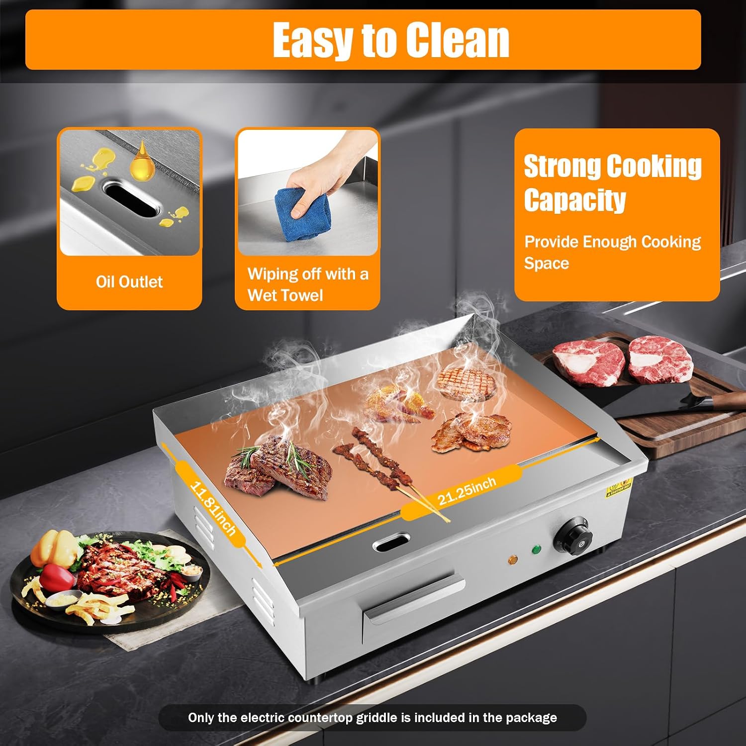 3000W Non-Stick Commercial Electric Table Top Griddle, 572°F/300℃ Thermostatic Double Control Flat Top Grill with Overload Circuit Breaker, Stainless Steel Teppanyaki Grill for Pancakes, Omelets, etc