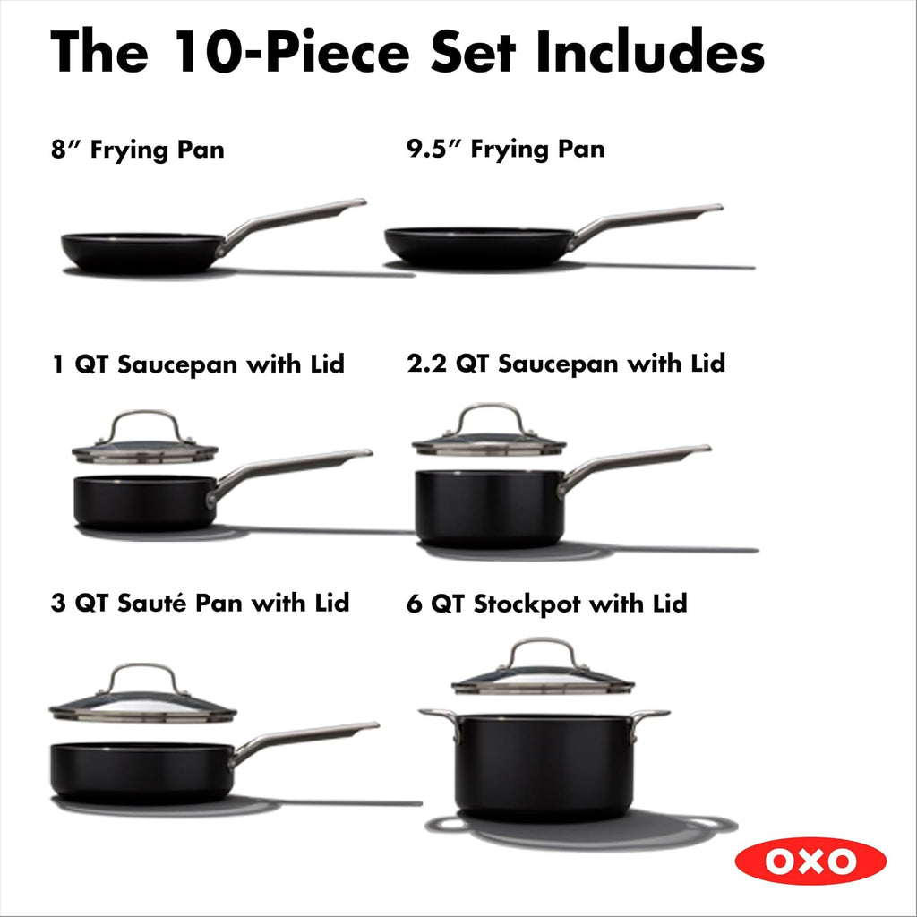 OXO Agility Series 10 Piece Cookware Pots and Pans Set, Ceramic Nonstick PFAS-Free, Induction, Skillets,Saucepans,Lids,Even Heating,Stainless Steel Handles,Chip-Free Rims,Dishwasher & Oven Safe,Black