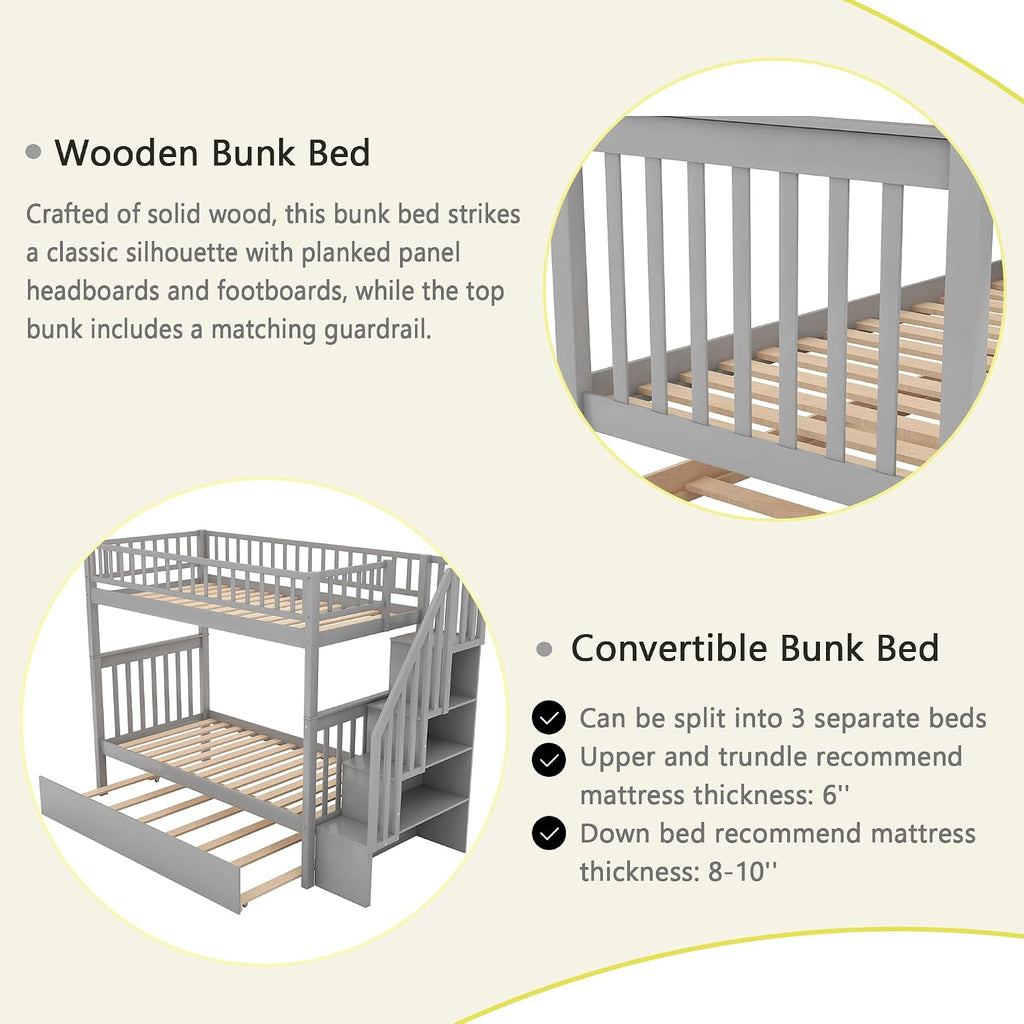 Harper & Bright Designs Twin-Over-Twin Bunk Bed with Trundle and Storage Staircase, Solid Wood 3 in 1 Stairway Bunk Bed with Trundle