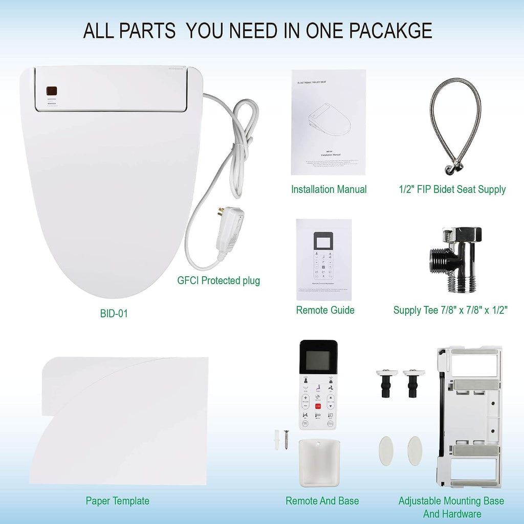 WOODBRIDGE BDI-01 Elongated Bidet Seat with Air Dryer and Stainless-Steel Nightlight | Nozzle Oscillation