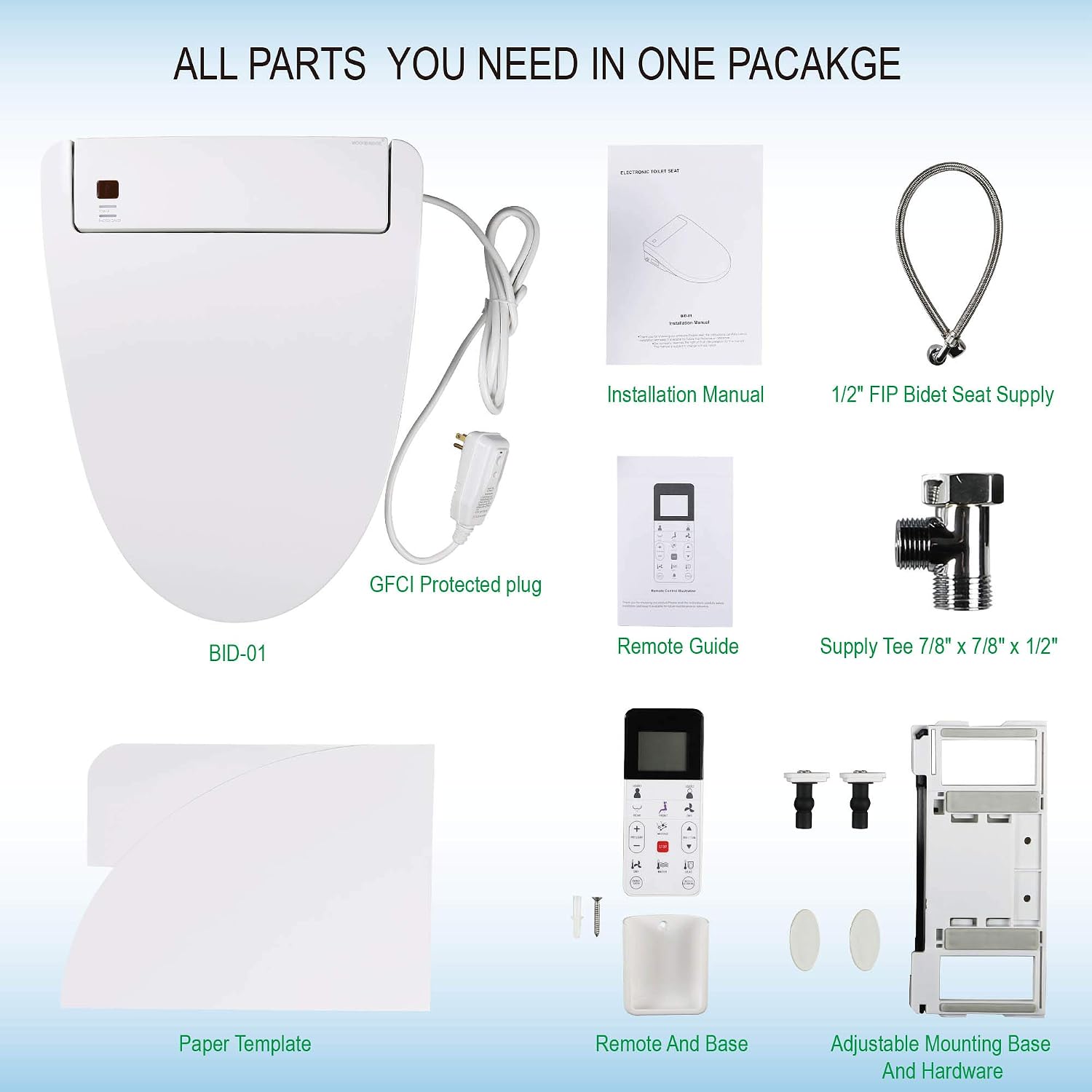 WOODBRIDGE BDI-01 Elongated Bidet Seat with Air Dryer and Stainless-Steel Nightlight | Nozzle Oscillation