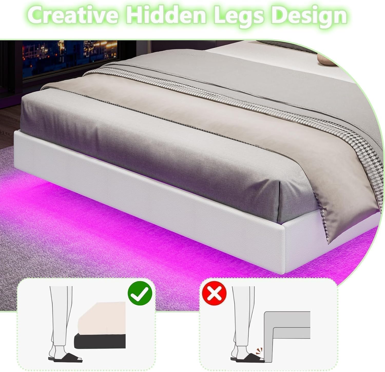 IMMERSTABLE Queen Size Floating Bed Frame with LED Lights, Upholstered Platform Bed with Headboard, 11 in Storage Clearance, Solid Wood Slats, No Box Spring Needed, Easy Assembly, White