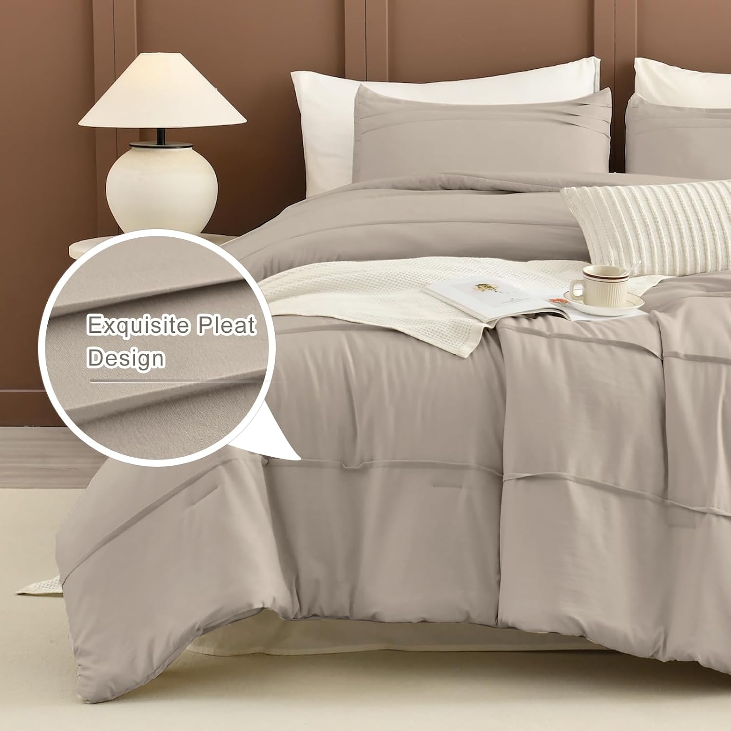 Masaca Oversized King Comforter 128x120,Linen Like Textured Pinch Pleated Bedding Comforter Set,3Pcs Extra Large King Size Solid Color Comforter Sets Vintage Farmhouse Bedding Set Ultra Soft