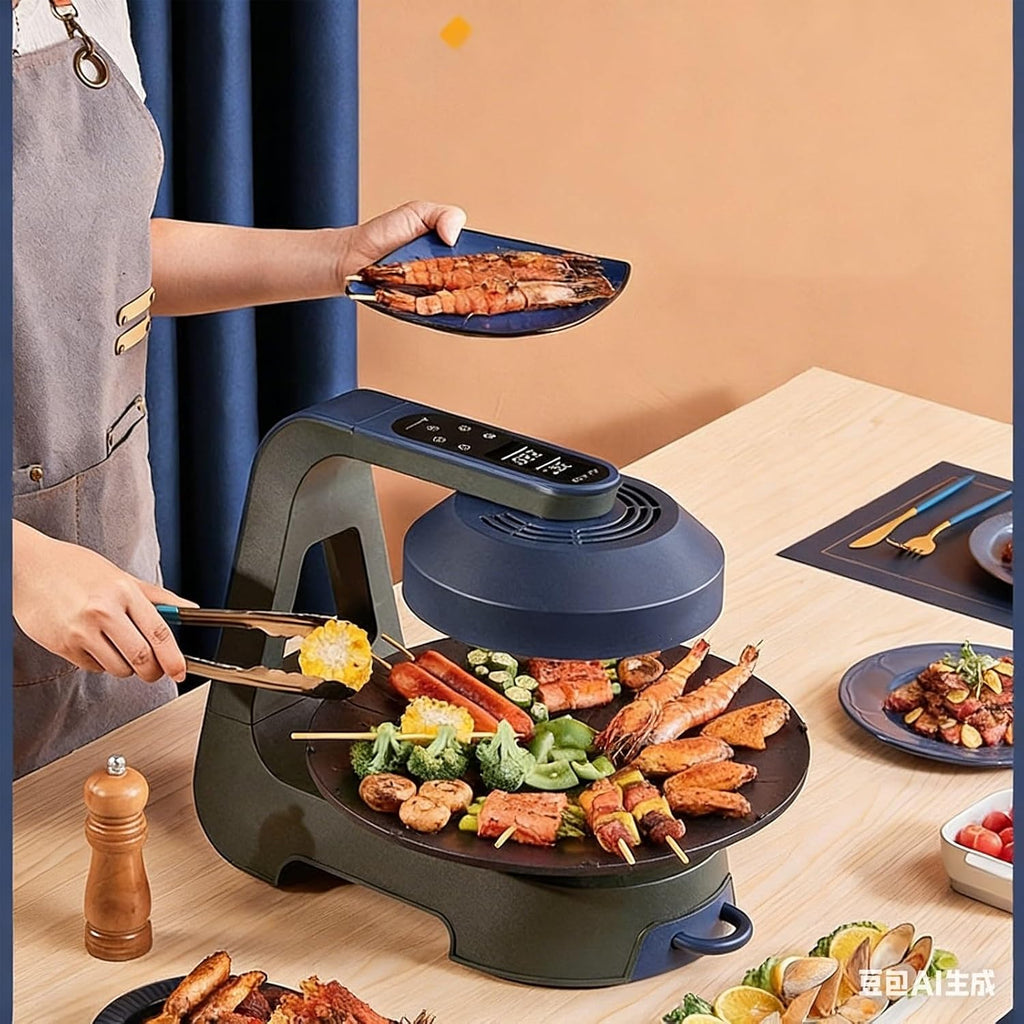 Electric Smokeless Grill Indoor Electric Grill 360° Auto-Rotate Temperature Control Non-Stick Removable Grill Griddle Plates for Home Party Camping