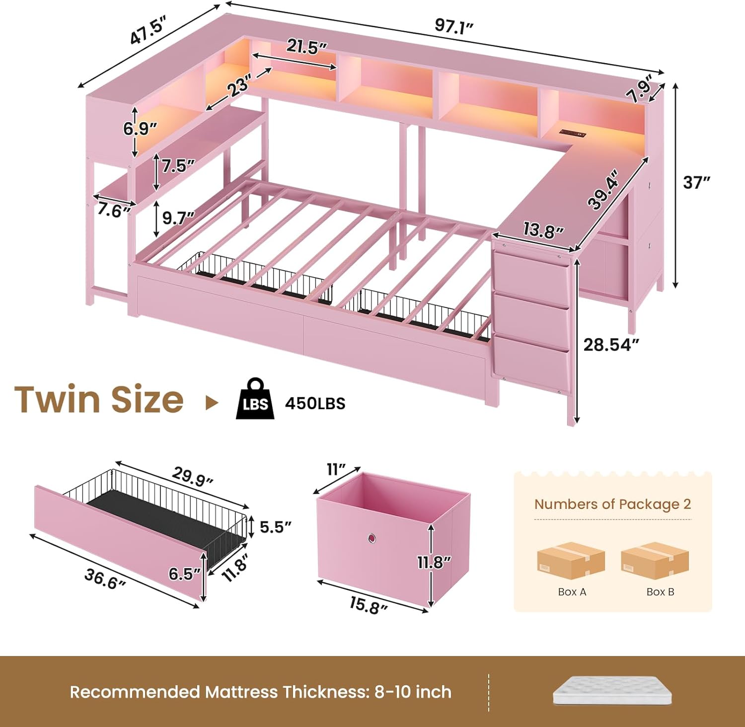 DICTAC Corner Twin Bed Frame with Desk,Charging Station and Bookcase Storage Pink Bed Frame for Girls with Storage Drawers and Led Lights Twin Size Daybed with Open Shelves,No Box Spring Needed