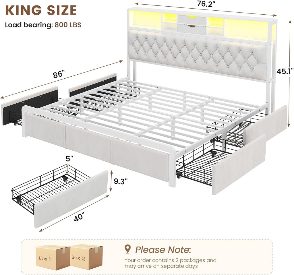BTHFST King Size Bed Frame with 4 Storage Drawers and Headboard, Velvet Upholstered King Platform Bed with LED Lights & Charging Station, No Noise, No Box Spring Needed, Easy Assembly, Beige