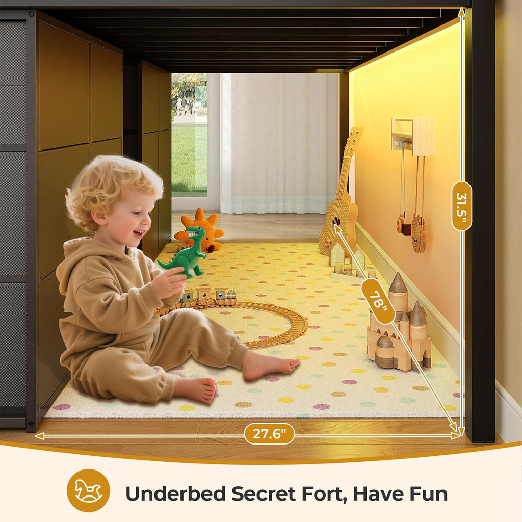 ADORNEVE Low Loft Bed Twin Size with 8 Storage Drawers, Twin Loft Bed with Bookcase and LED Lights, Metal Kids Loft Bed with 14' H Safety Guardrail, Under-Bed Play Space, No Box Spring Needed, Black