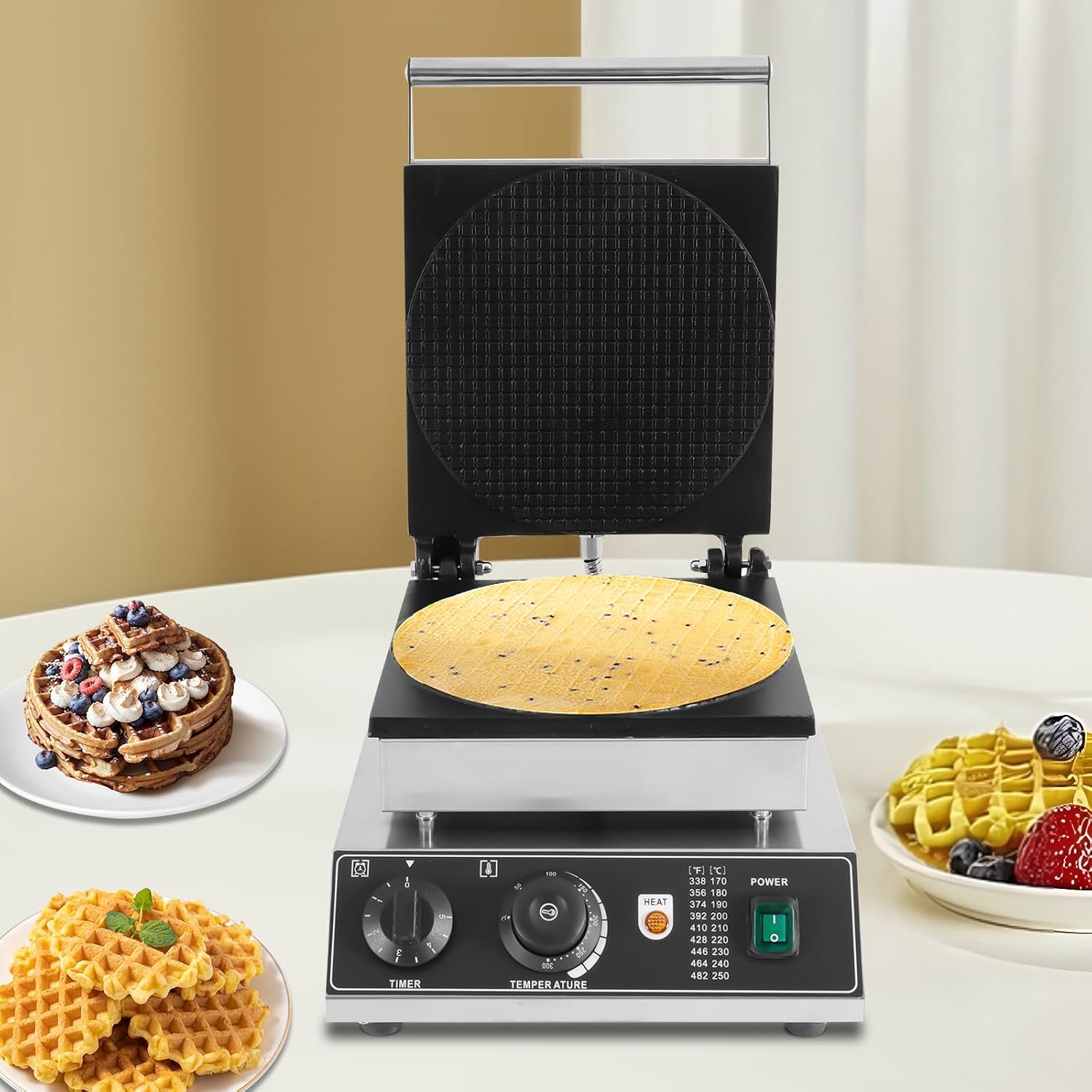 Electric Ice Cream Cone Maker, 1750W Waffle Cone Machine with Temperature and Time Control, Stainless Steel Non-Stick Egg Roll Maker for bakeries Snack Shops Restaurants Schools Food Factories Etc