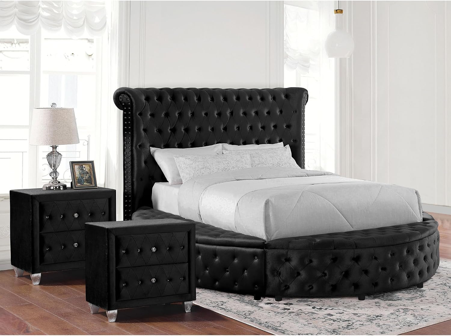 Furniture of America Rhodo Glam Button Tufting Fabric Upholstered 3-Piece Bedroom Set, Bed and 2 Nightstands, California King-Size, Black