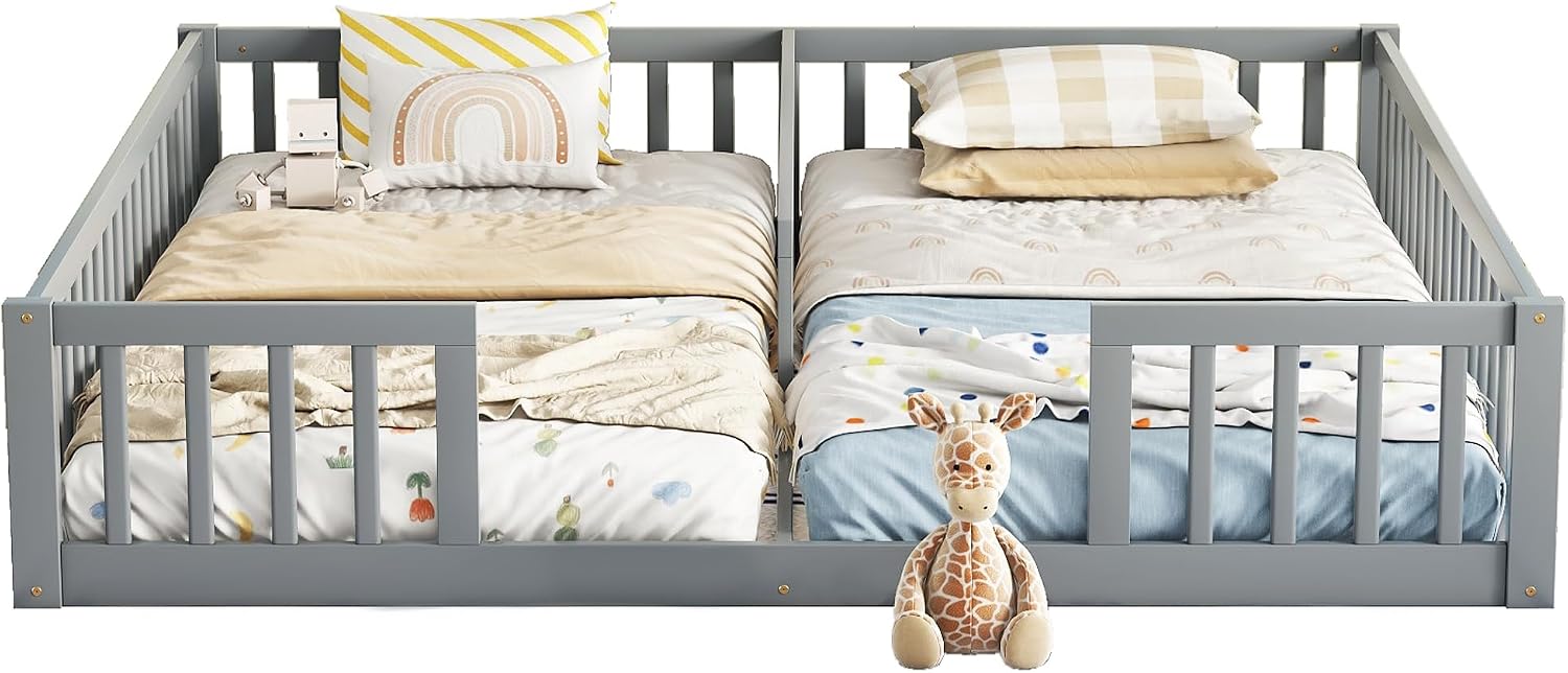 Double Floor Bed for Twins,Two Shared Beds,Twin Size Floor Bed for 2 Kids,Double Twin Bed with Guardrails for Girls,Boys,Gray
